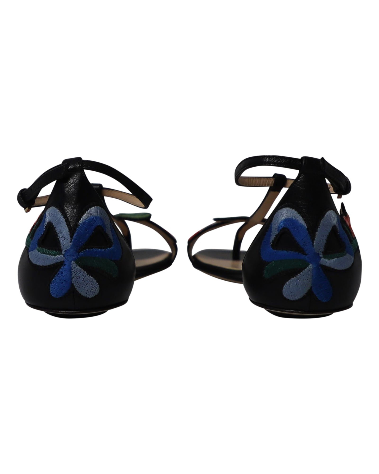 Women's Gucci Ophelia Floral-Embroidered Flat Sandals in Black Leather