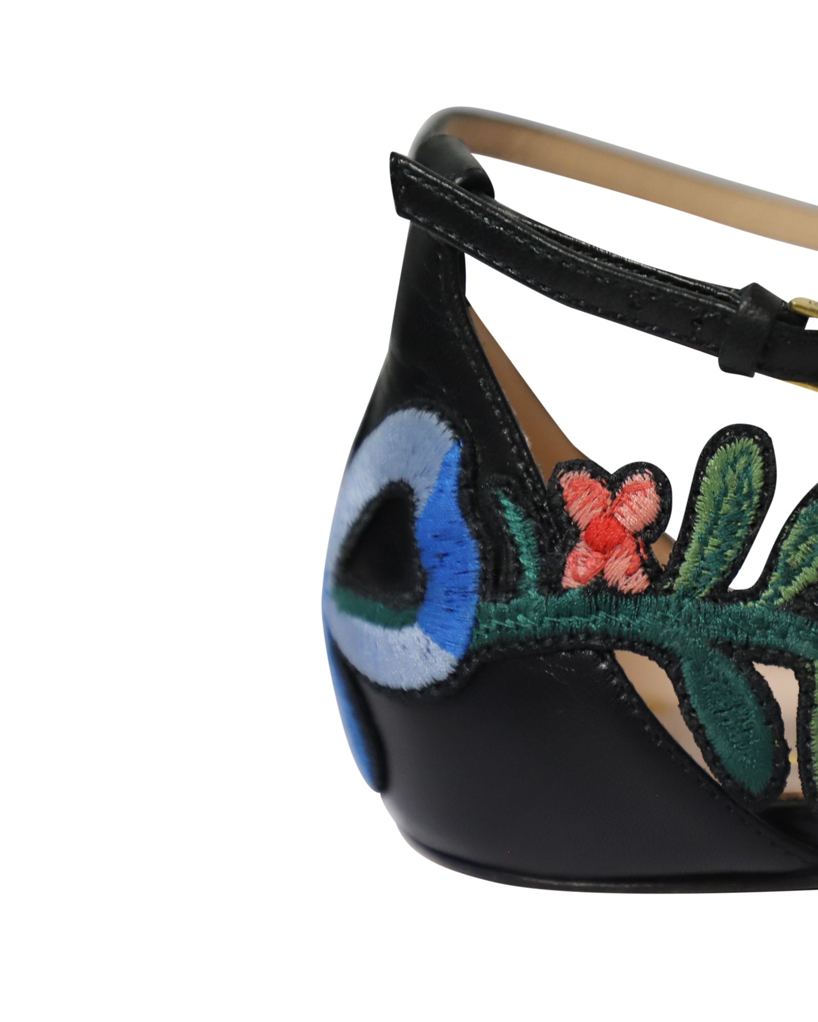 Women's Gucci Ophelia Floral-Embroidered Flat Sandals in Black Leather