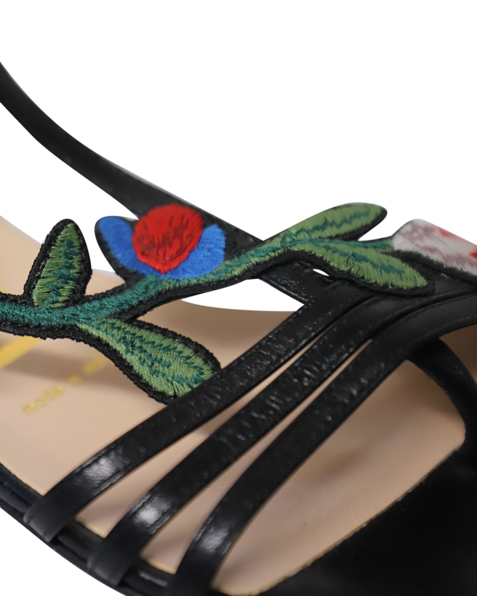 Women's Gucci Ophelia Floral-Embroidered Flat Sandals in Black Leather