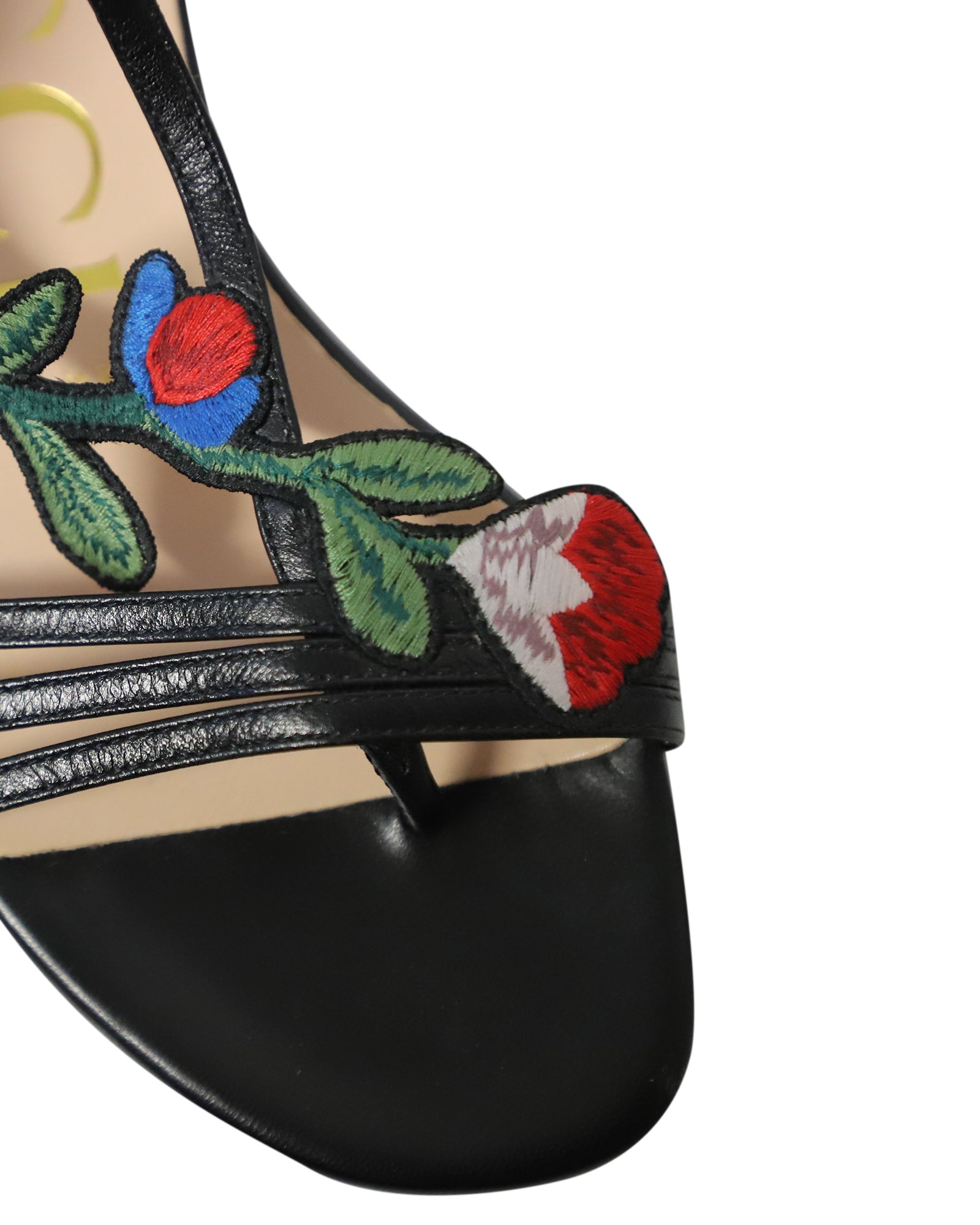 Women's Gucci Ophelia Floral-Embroidered Flat Sandals in Black Leather