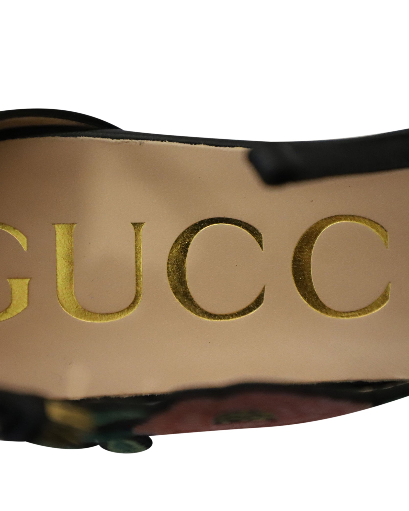Women's Gucci Ophelia Floral-Embroidered Flat Sandals in Black Leather