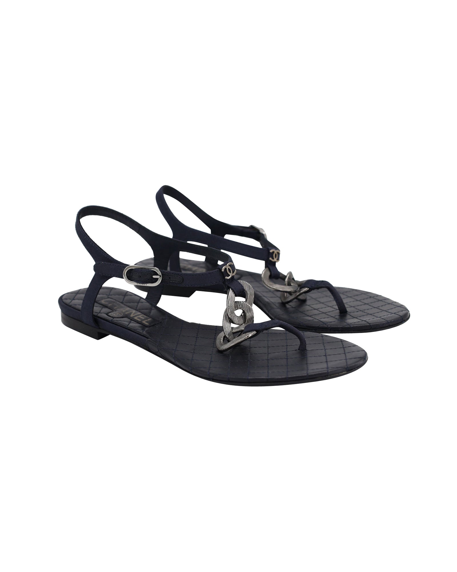 Women's Chanel Chain Flat Ankle Strap Sandals in Navy Blue Leather