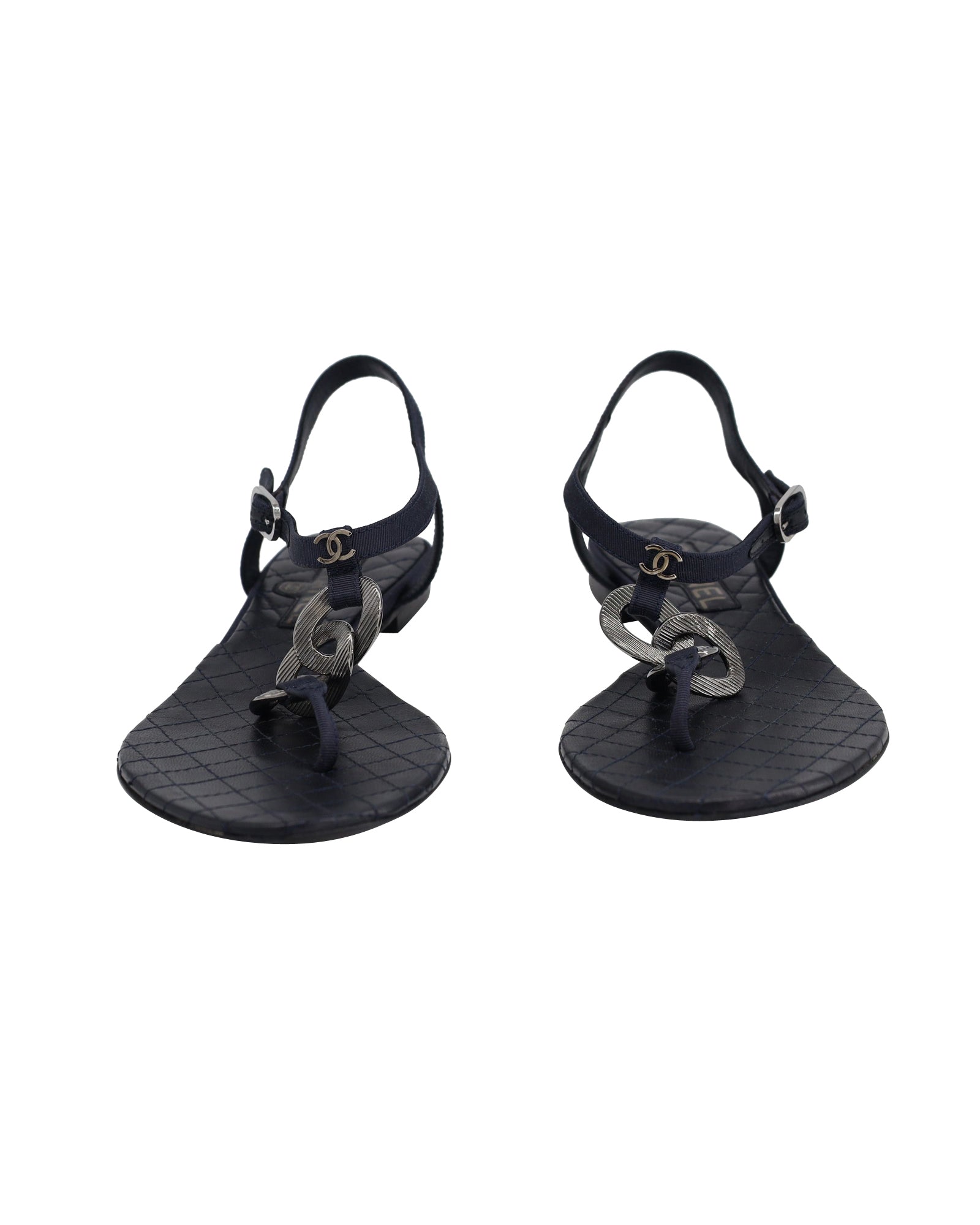 Women's Chanel Chain Flat Ankle Strap Sandals in Navy Blue Leather