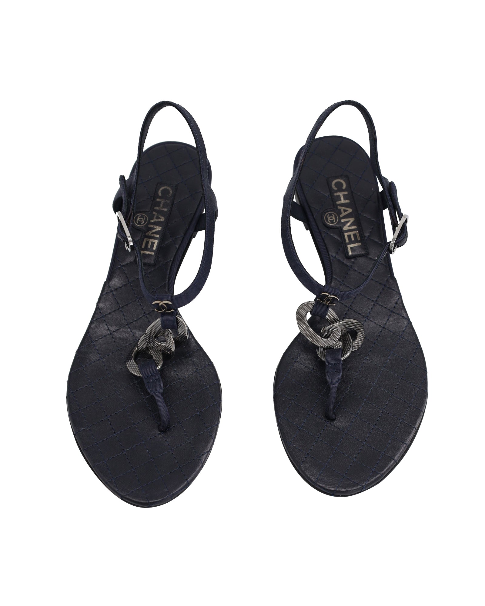 Women's Chanel Chain Flat Ankle Strap Sandals in Navy Blue Leather