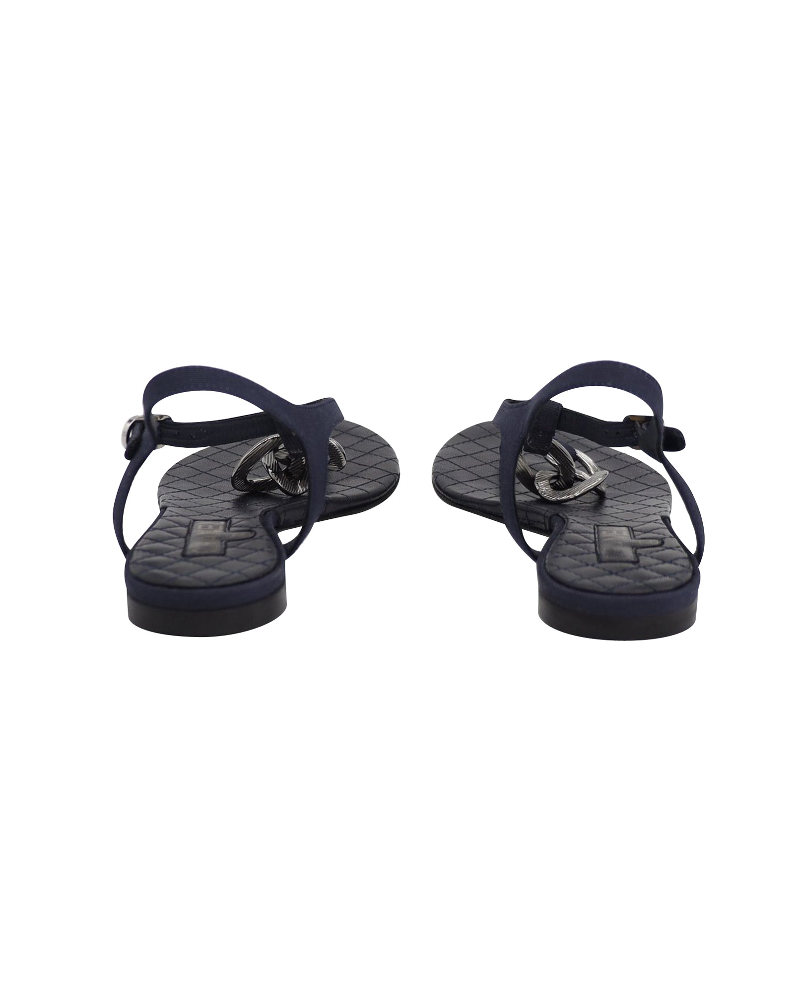 Women's Chanel Chain Flat Ankle Strap Sandals in Navy Blue Leather