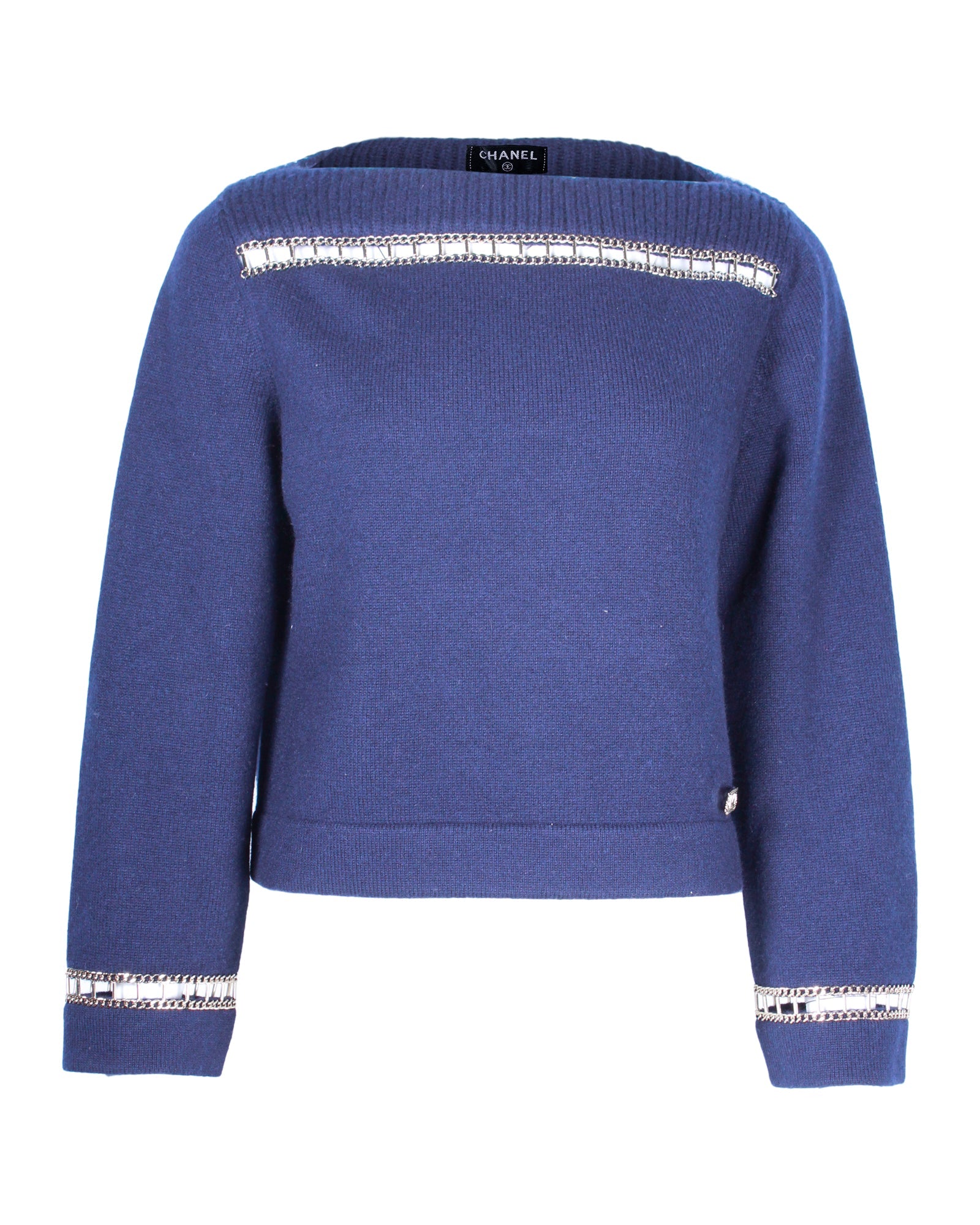 Women's Chanel Chain Trim Boat Neck Sweater in Navy Blue Cashmere