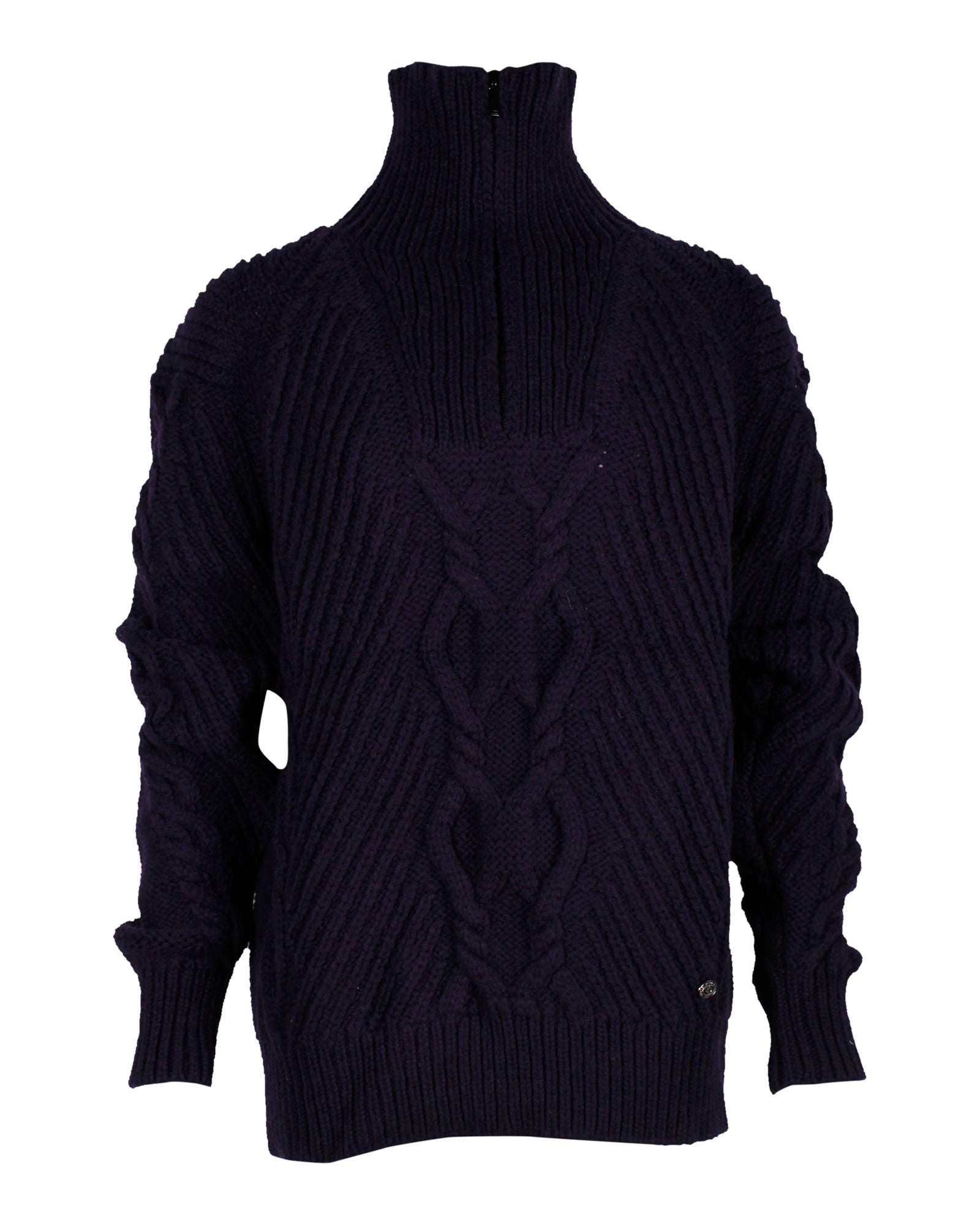 Women's Chanel Cable Knit Pullover in Navy Blue Wool