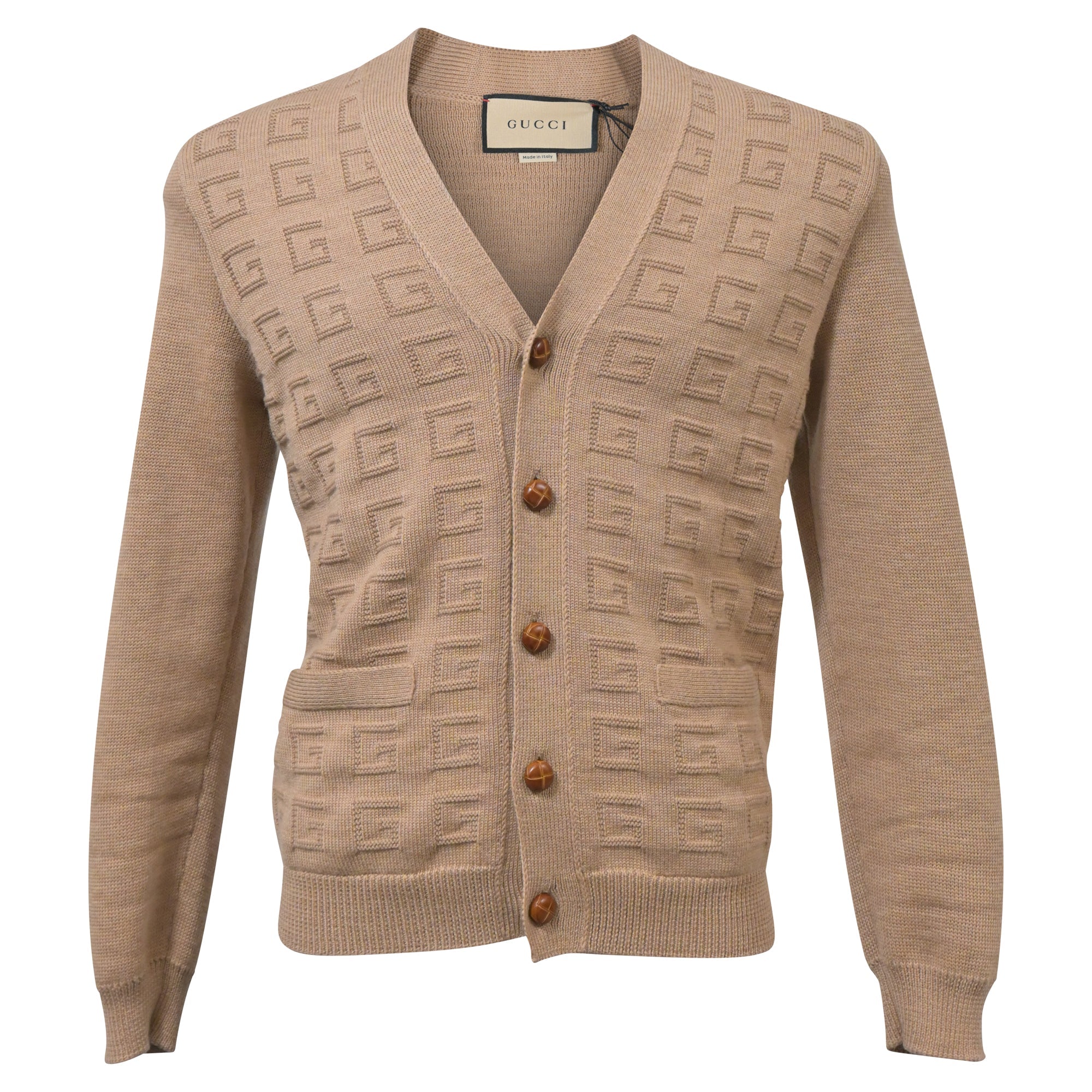 Men's Gucci V-Neck GG Pattern Cardigan in Brown Wool