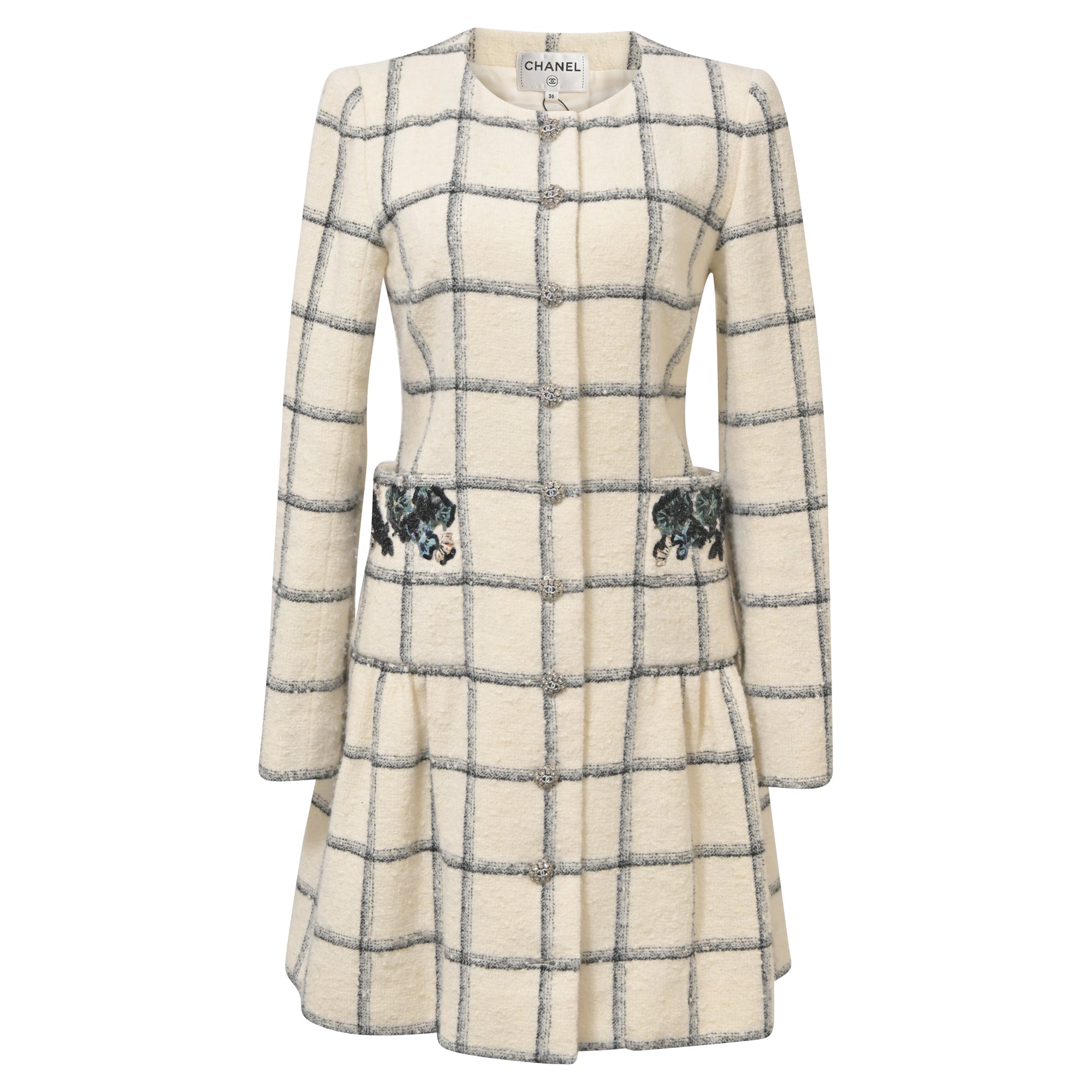 Women's Chanel Midi Embroidered Dress in Cream Tweed