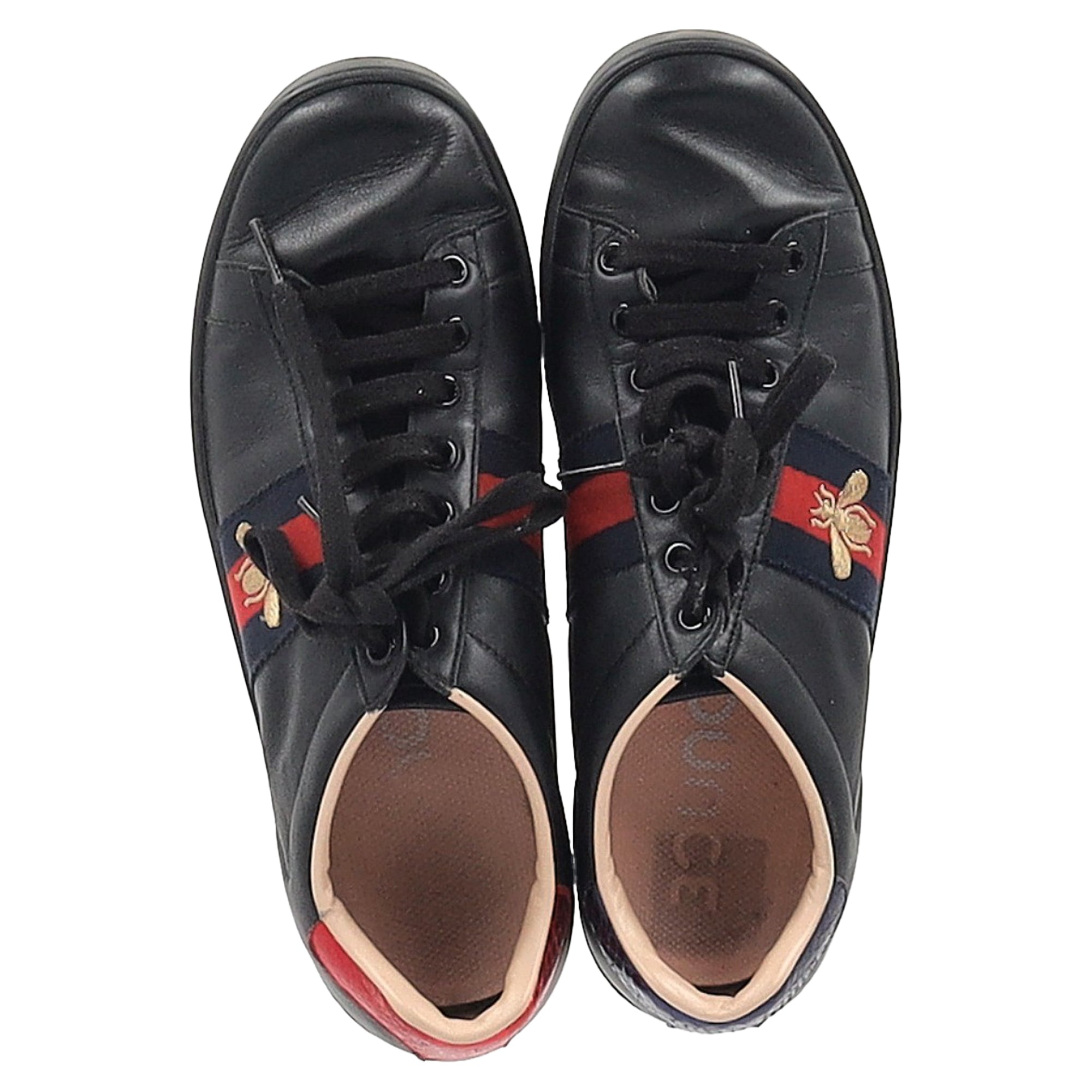 Men's  Gucci Ace Bee Low-Top Sneakers in Black Calfskin Leather