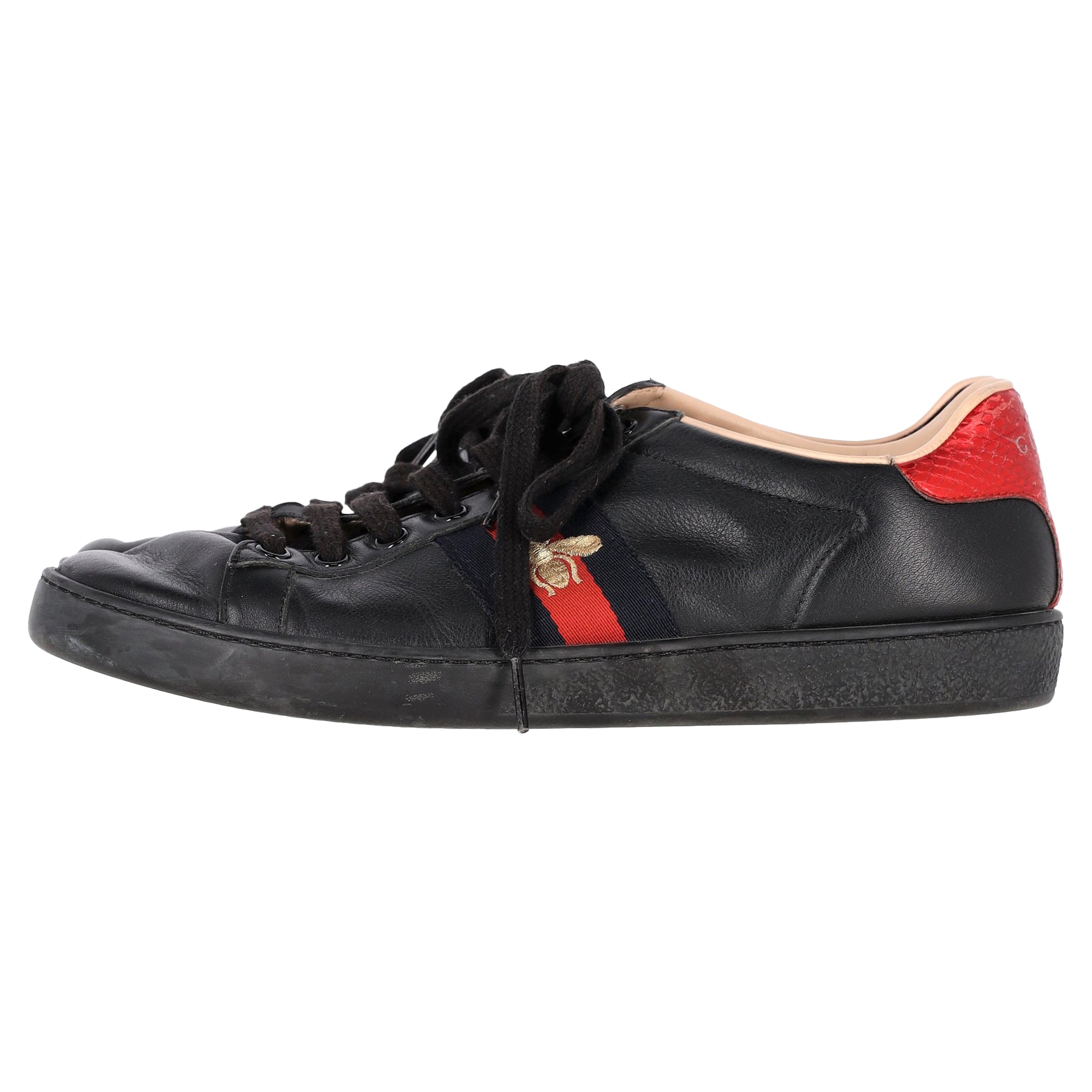 Men's  Gucci Ace Bee Low-Top Sneakers in Black Calfskin Leather