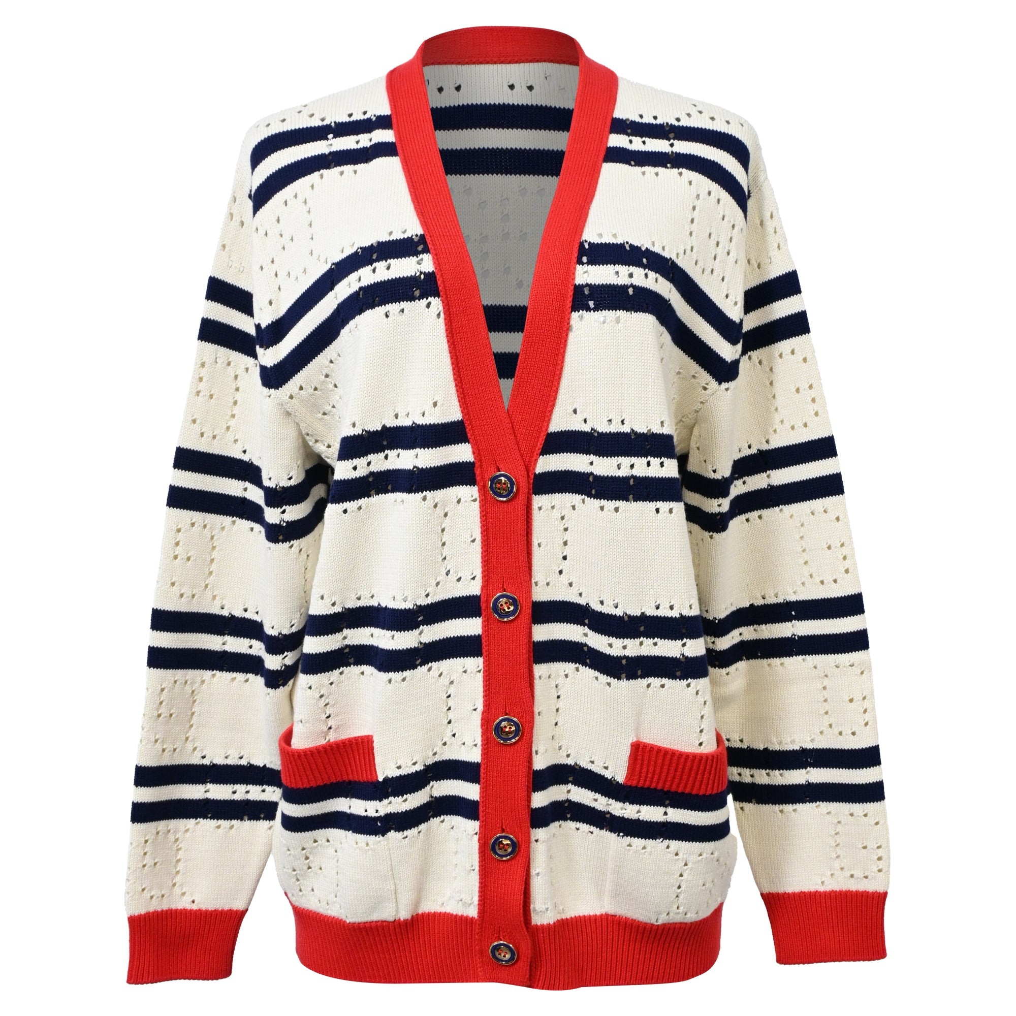 Women's Gucci Love Parade Pointelle-Knit Striped Button-Down Cardigan in Cream Cotton