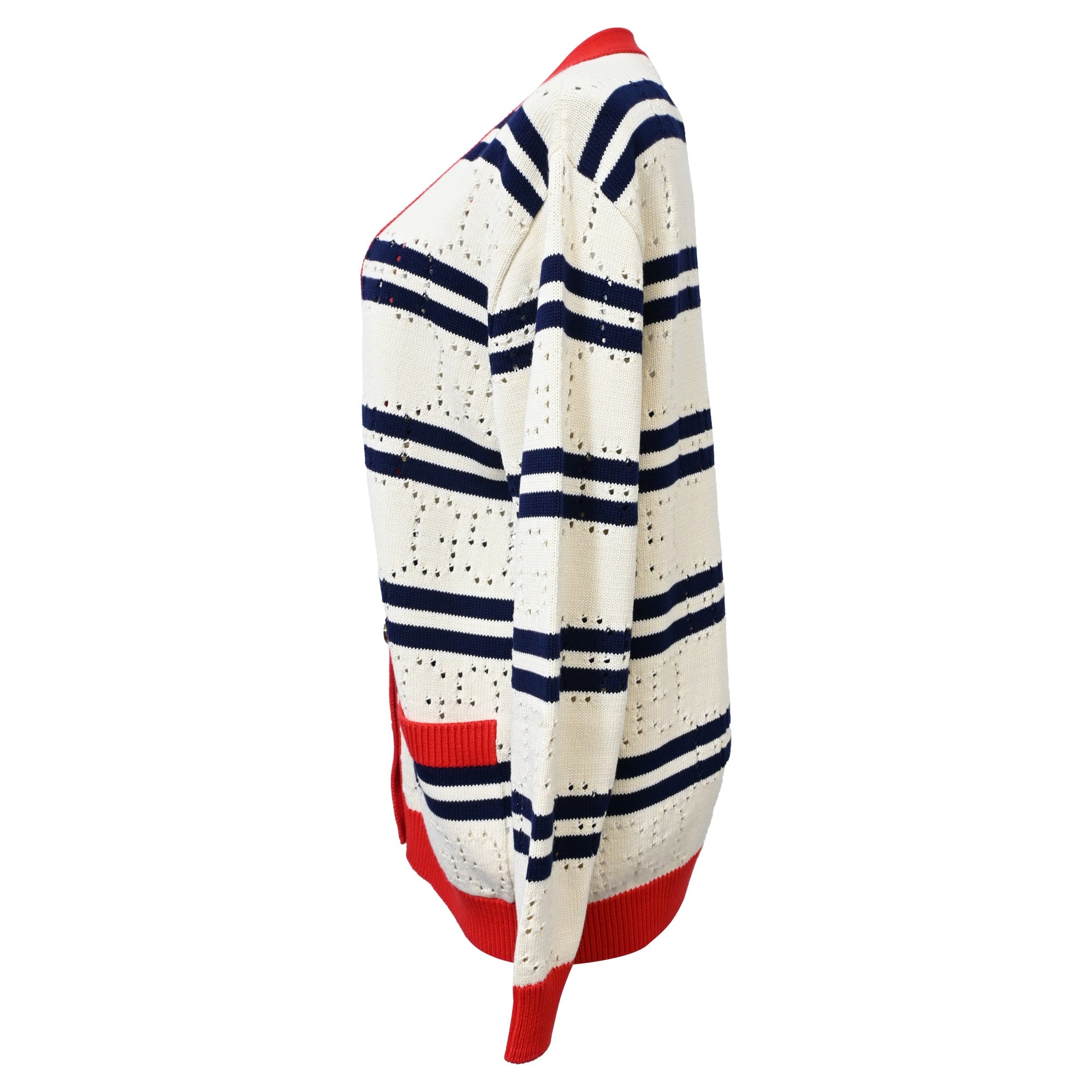 Women's Gucci Love Parade Pointelle-Knit Striped Button-Down Cardigan in Cream Cotton