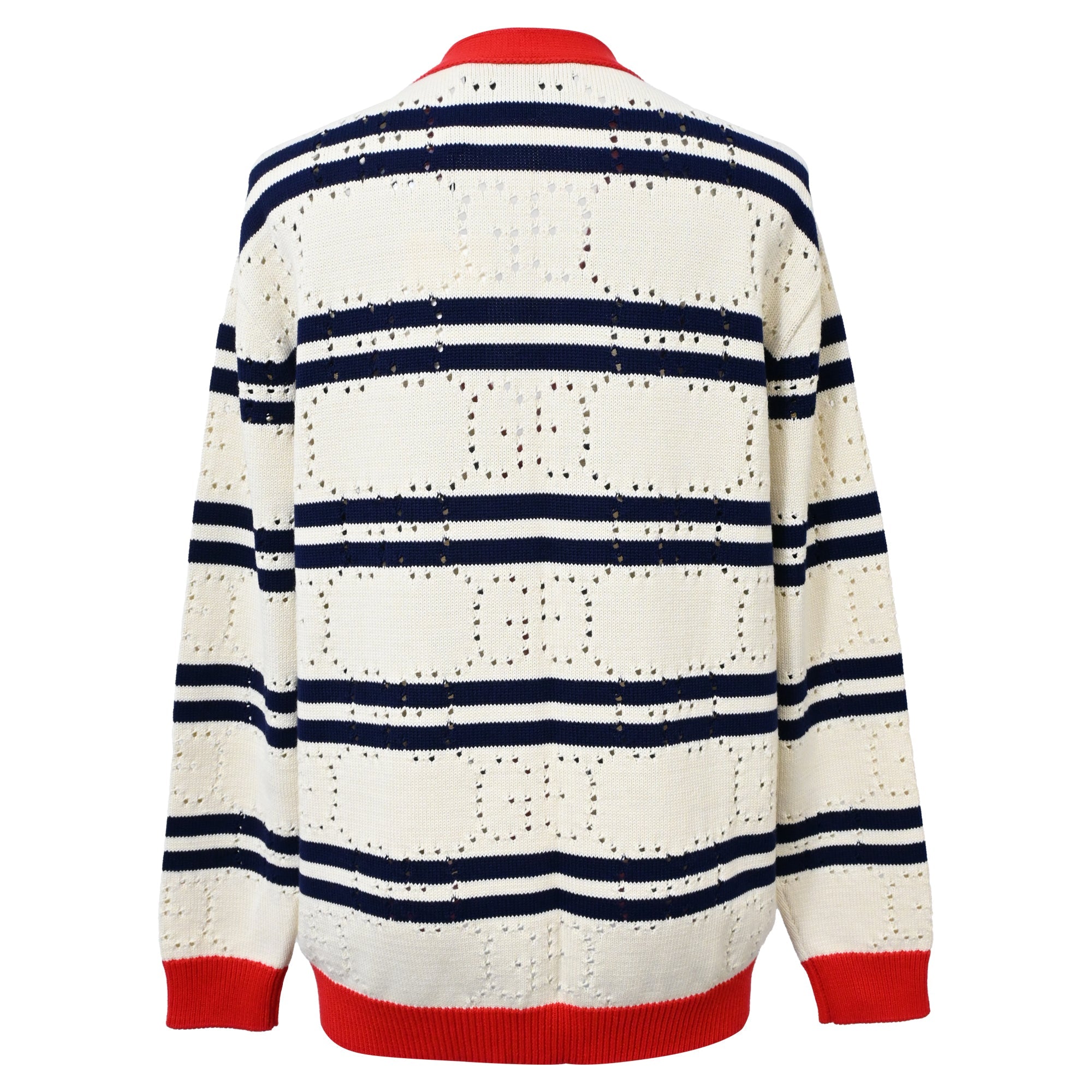 Women's Gucci Love Parade Pointelle-Knit Striped Button-Down Cardigan in Cream Cotton