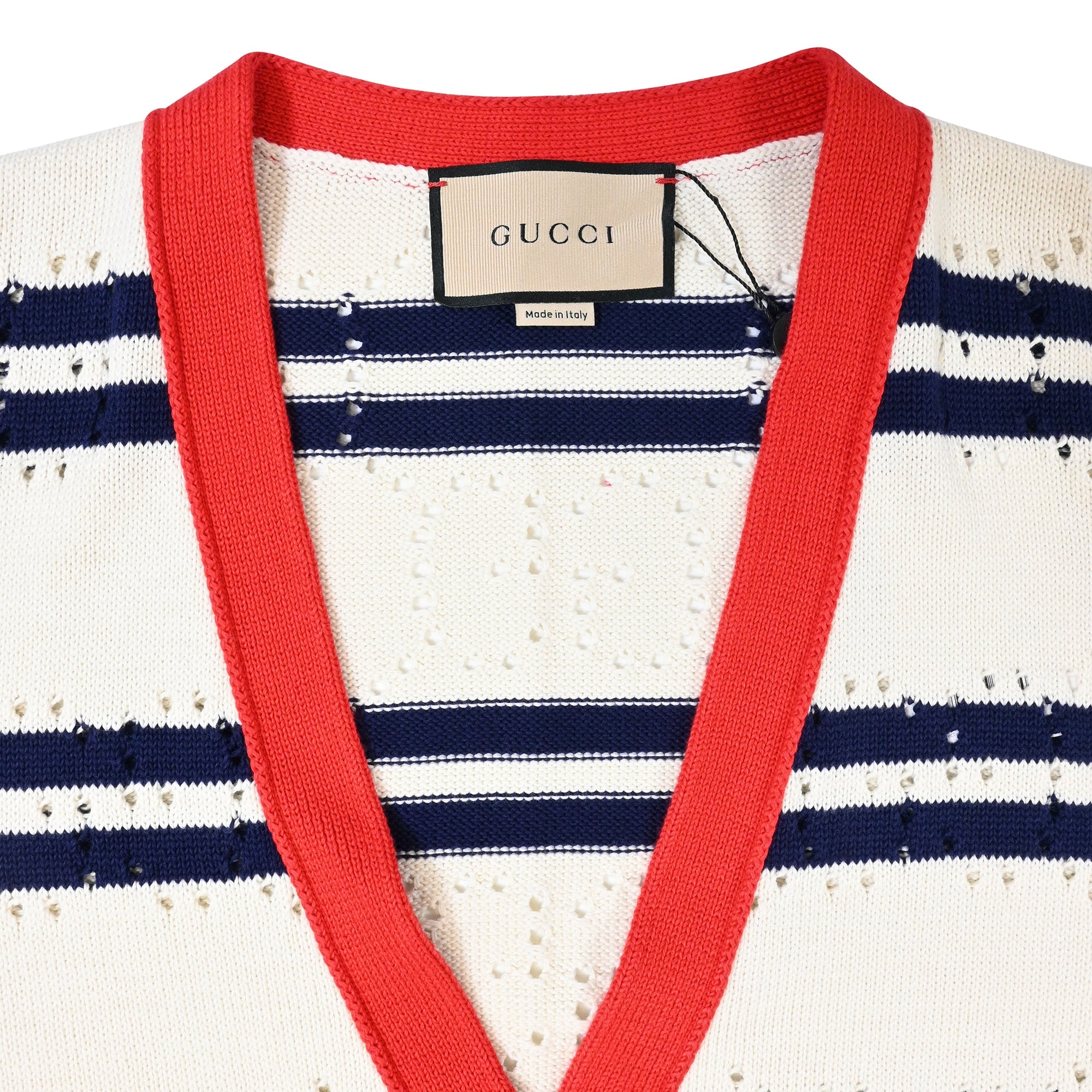 Women's Gucci Love Parade Pointelle-Knit Striped Button-Down Cardigan in Cream Cotton