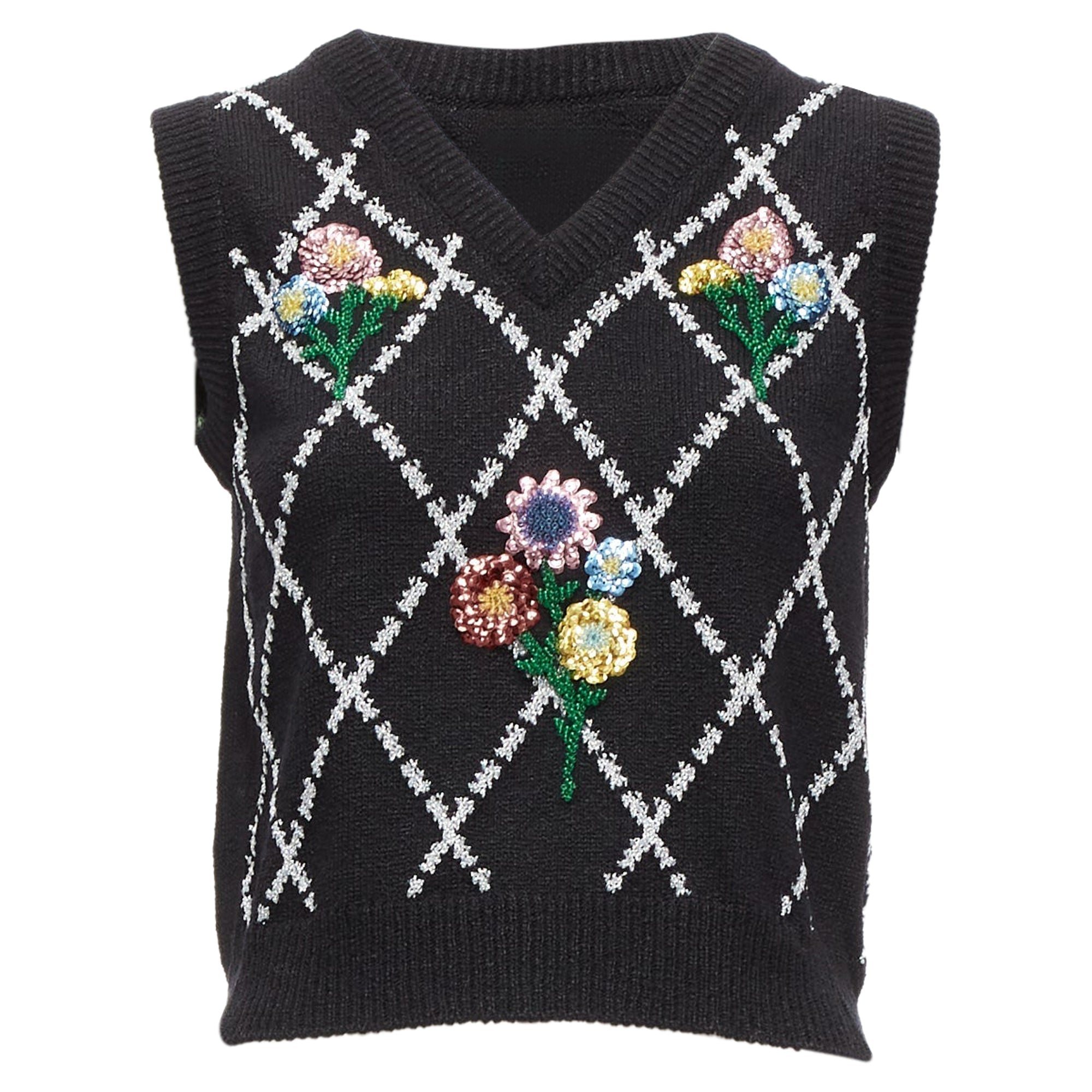 Women's Gucci silver diamong argyle floral embellished sweater vest