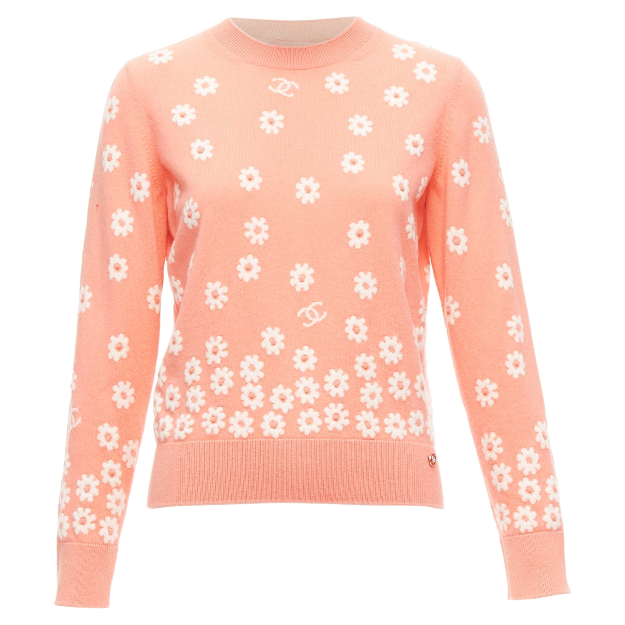 Women's Chanel peach cashmere blend floral CC knitted pullover sweater