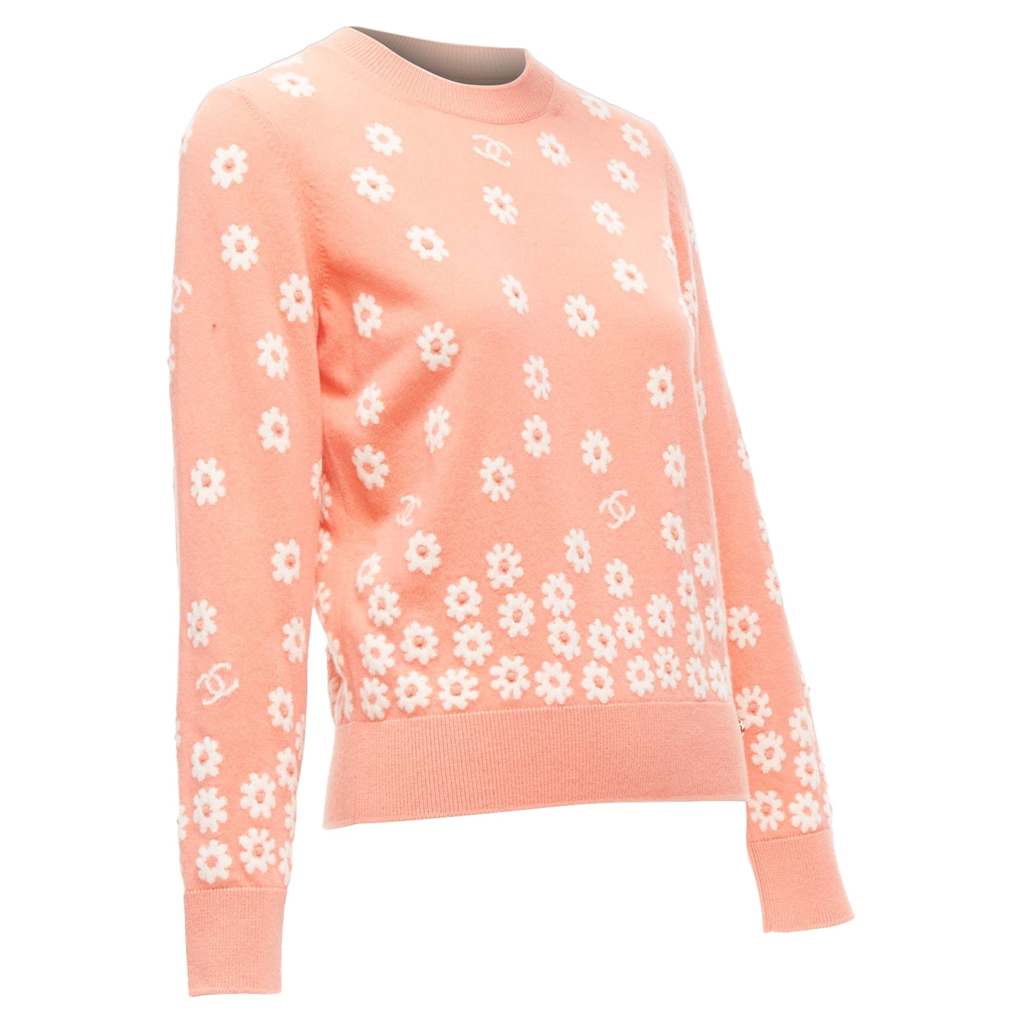 Women's Chanel peach cashmere blend floral CC knitted pullover sweater