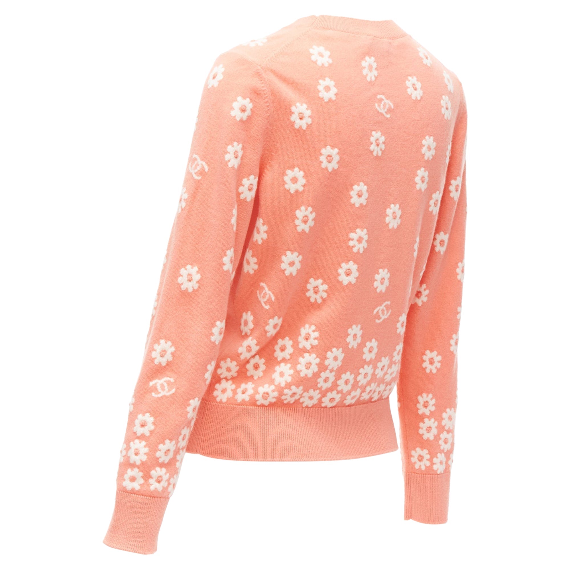 Women's Chanel peach cashmere blend floral CC knitted pullover sweater