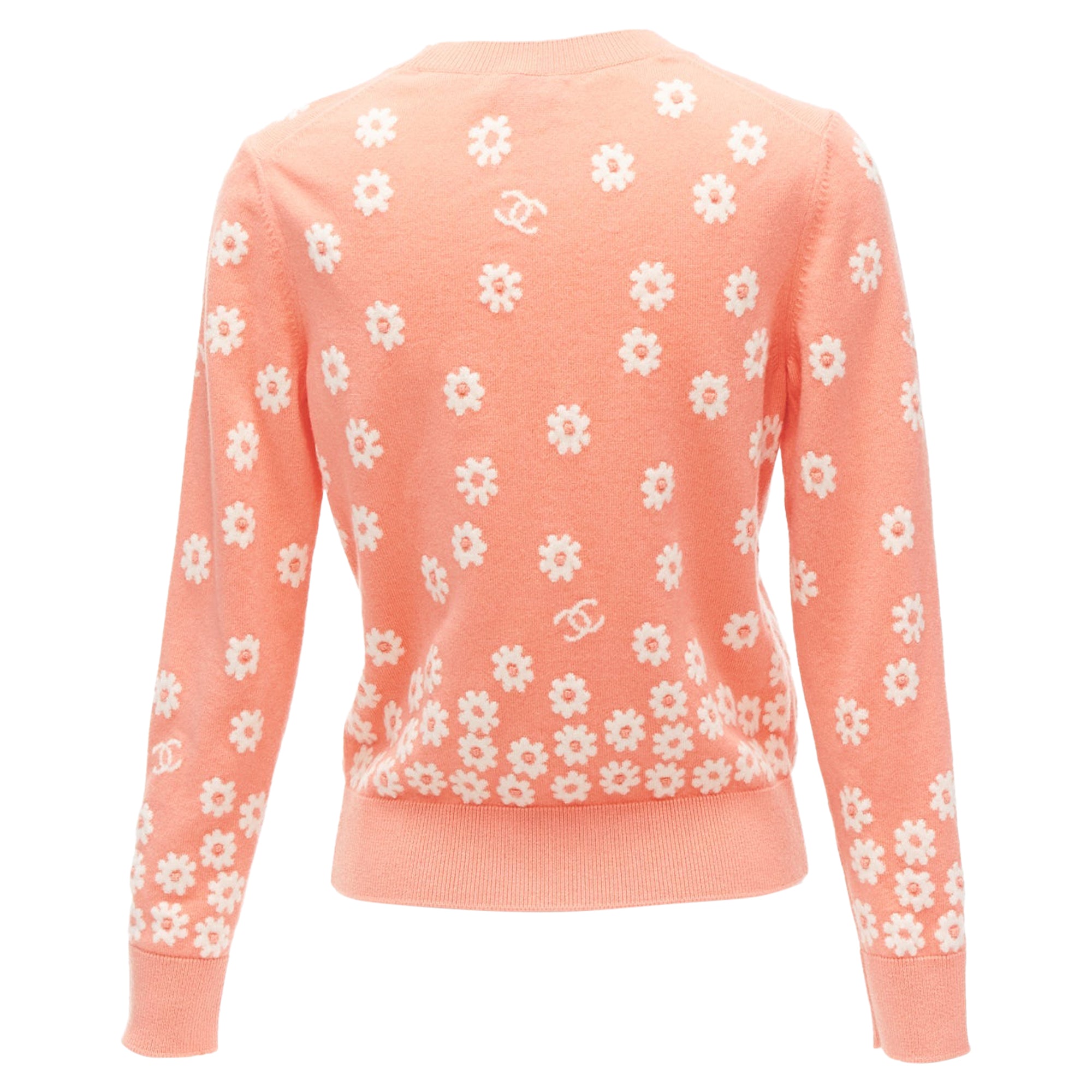 Women's Chanel peach cashmere blend floral CC knitted pullover sweater