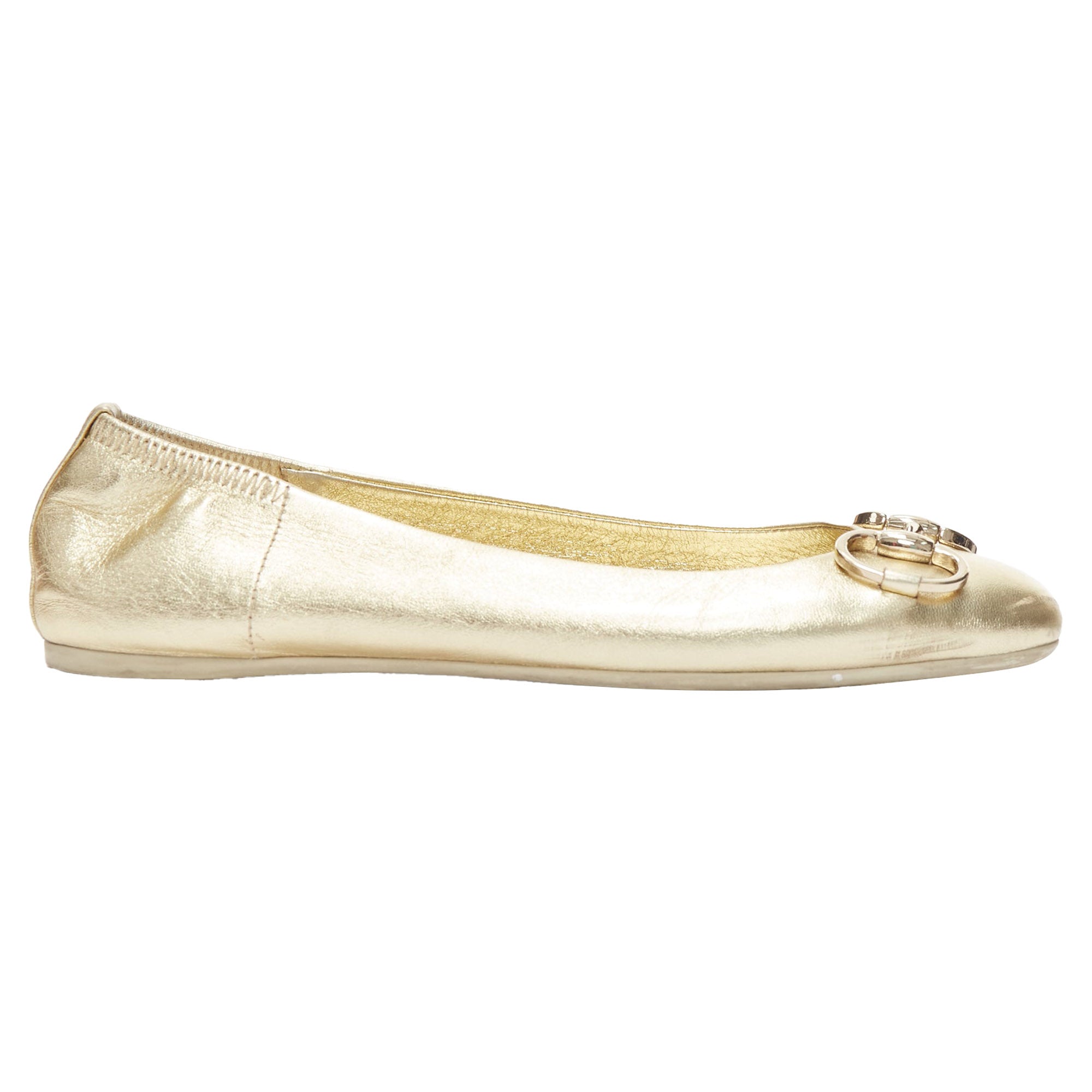 Women's Gucci metallic Horsebbuckle round toe ballerina flats