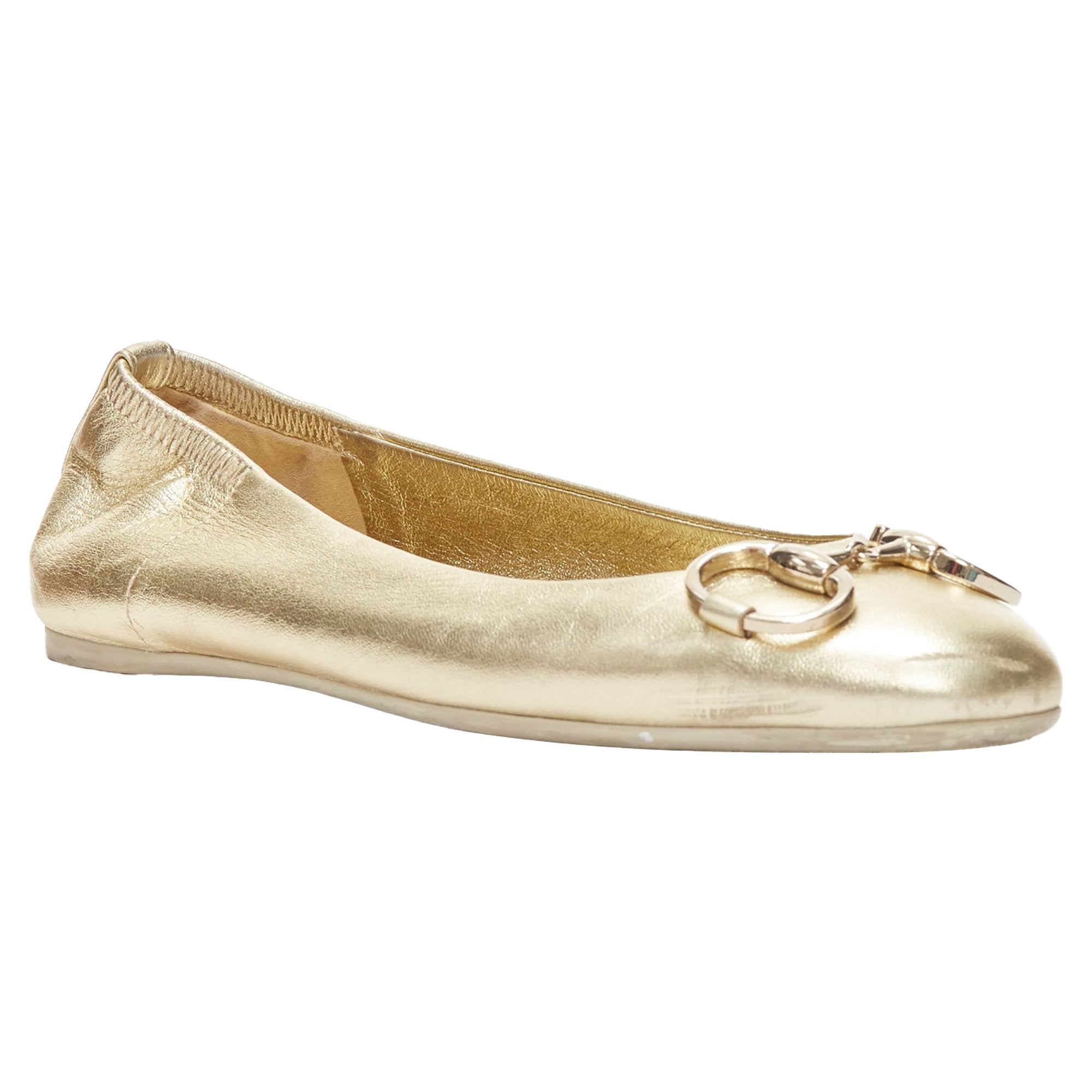 Women's Gucci metallic Horsebbuckle round toe ballerina flats