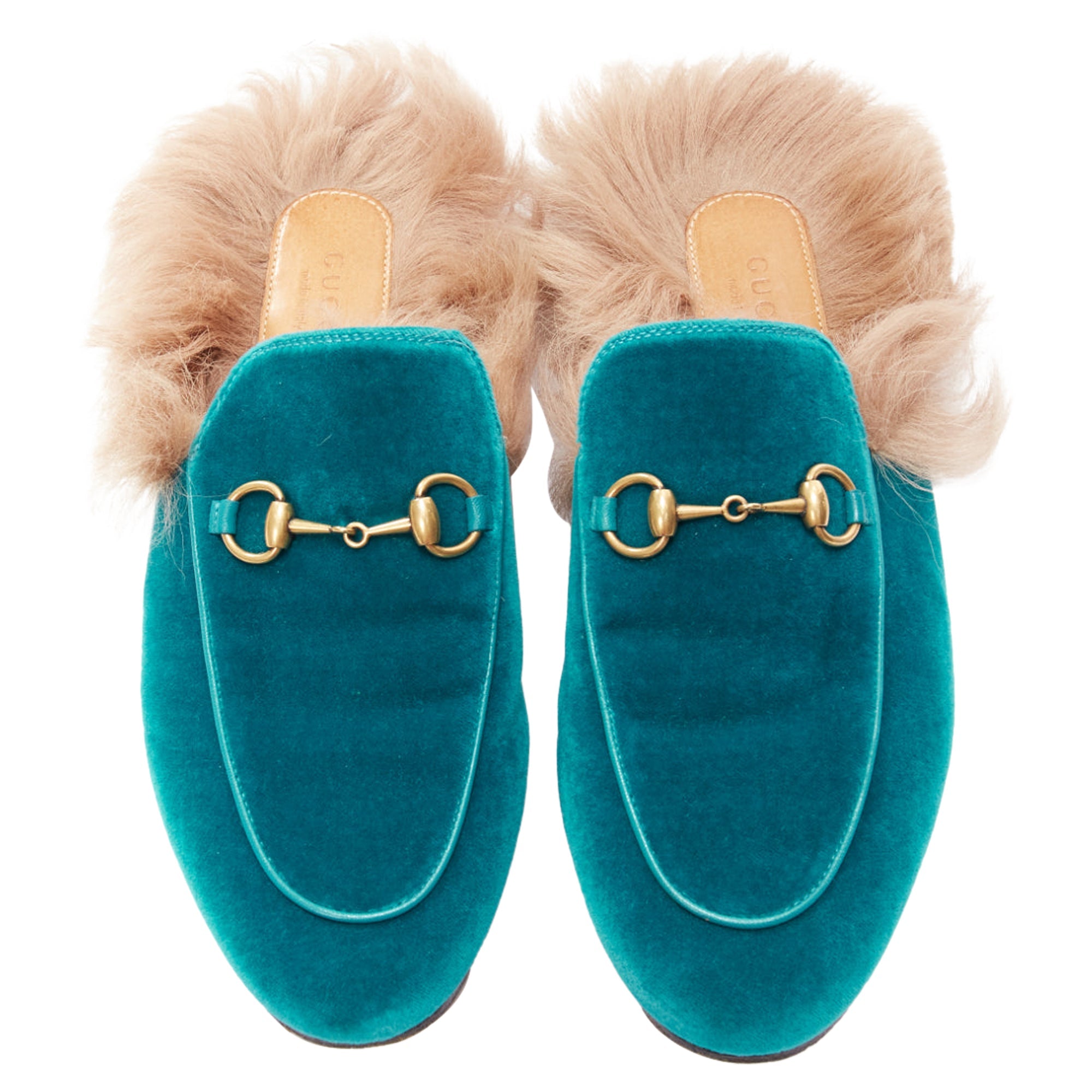 Women's Gucci Princetown velvet horse bbuckle fur lined slide loafers