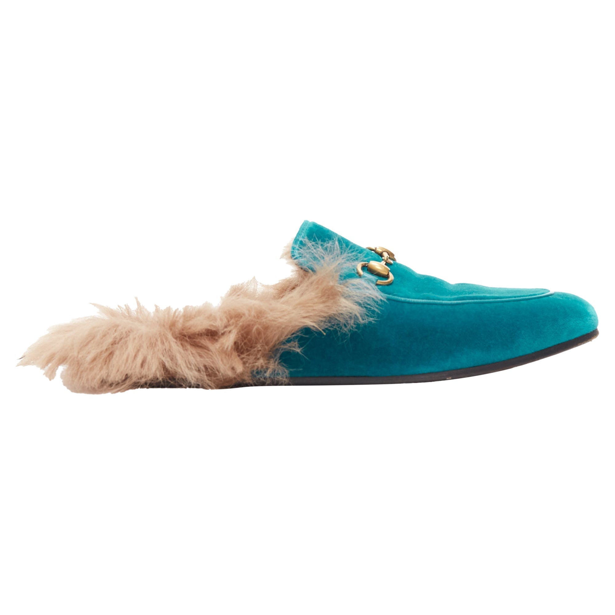 Women's Gucci Princetown velvet horse bbuckle fur lined slide loafers