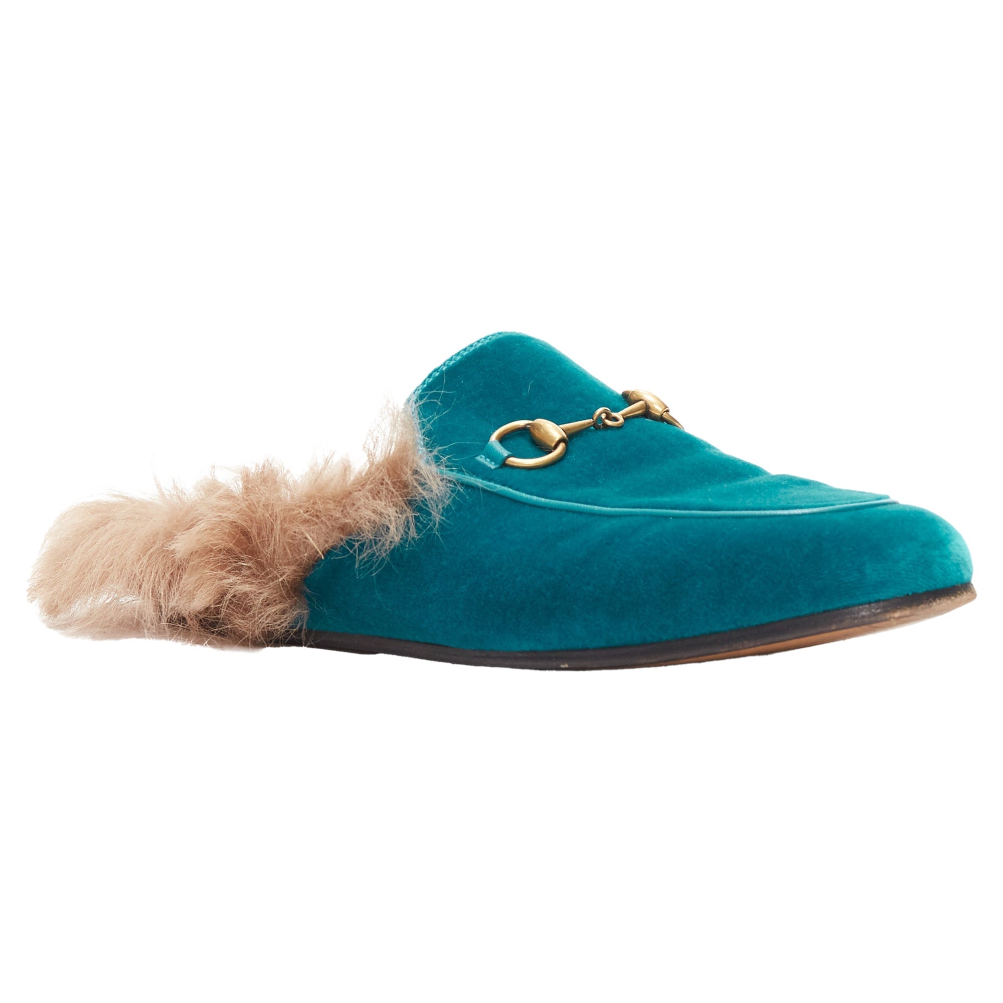 Women's Gucci Princetown velvet horse bbuckle fur lined slide loafers