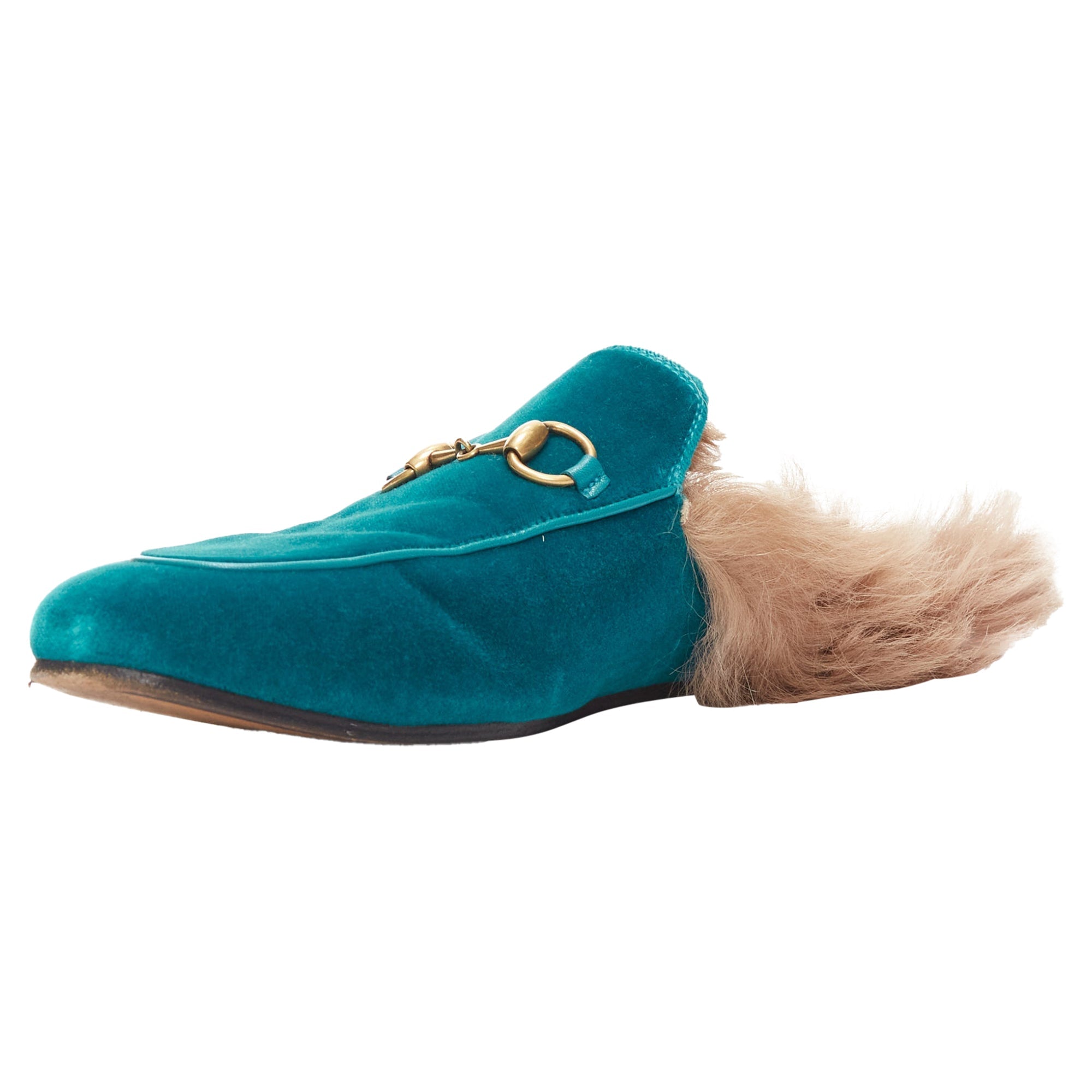 Women's Gucci Princetown velvet horse bbuckle fur lined slide loafers