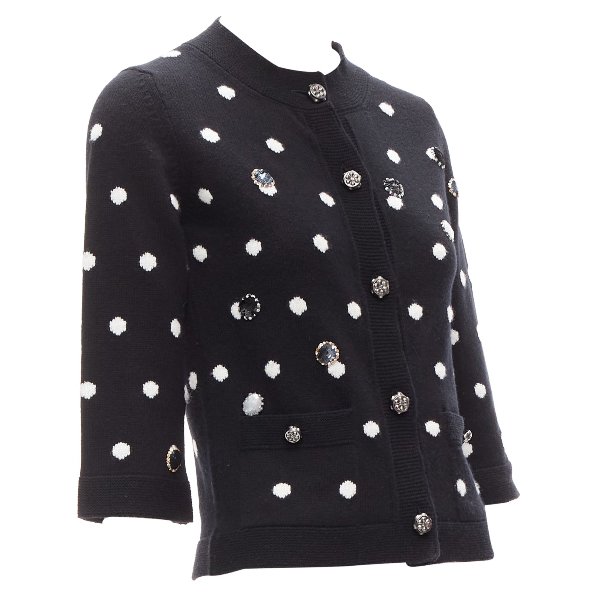 Women's Chanel cashmere silver embellished polka dot cardigan