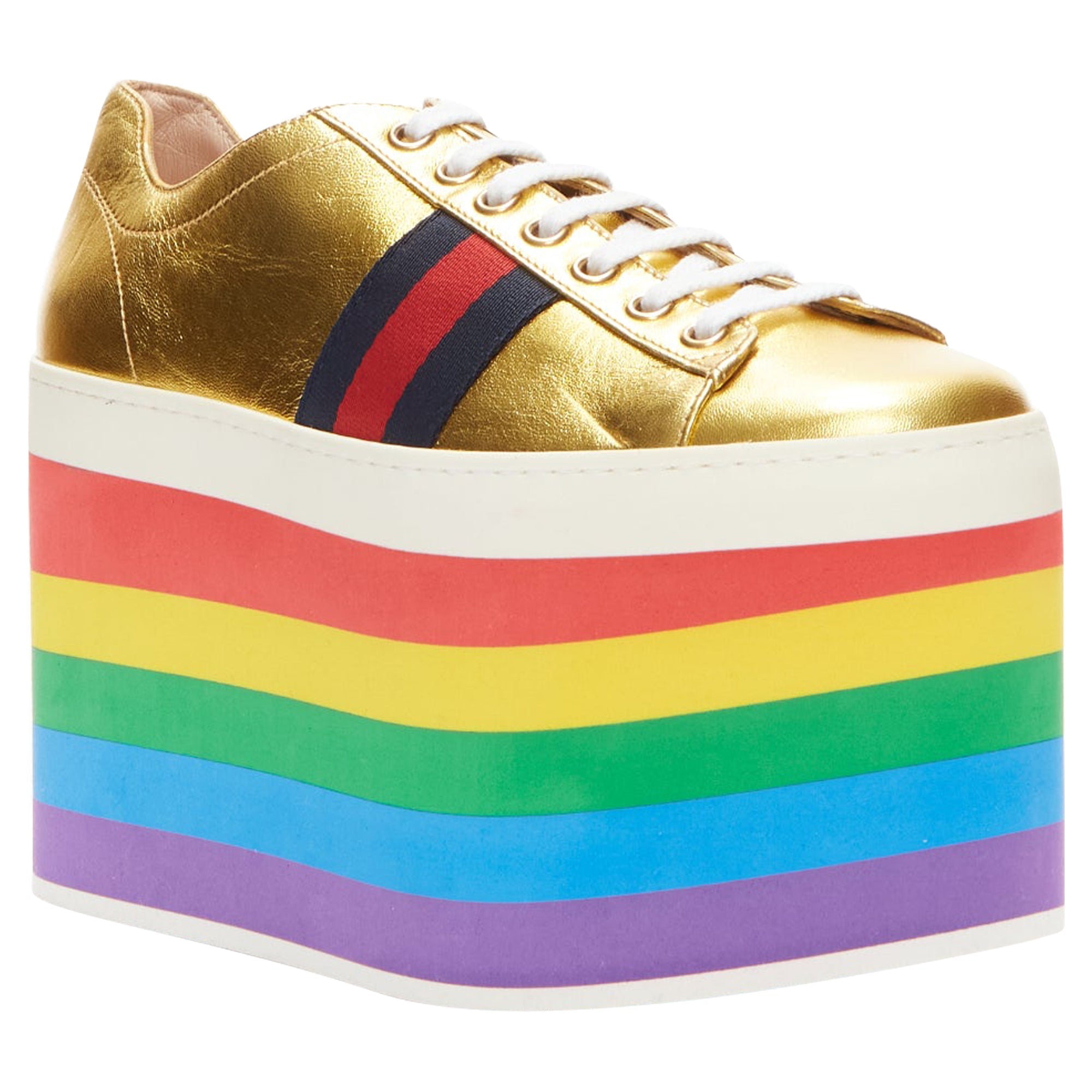 Women's Gucci Alessandro Michele Peggy rainbow web platform sneakers