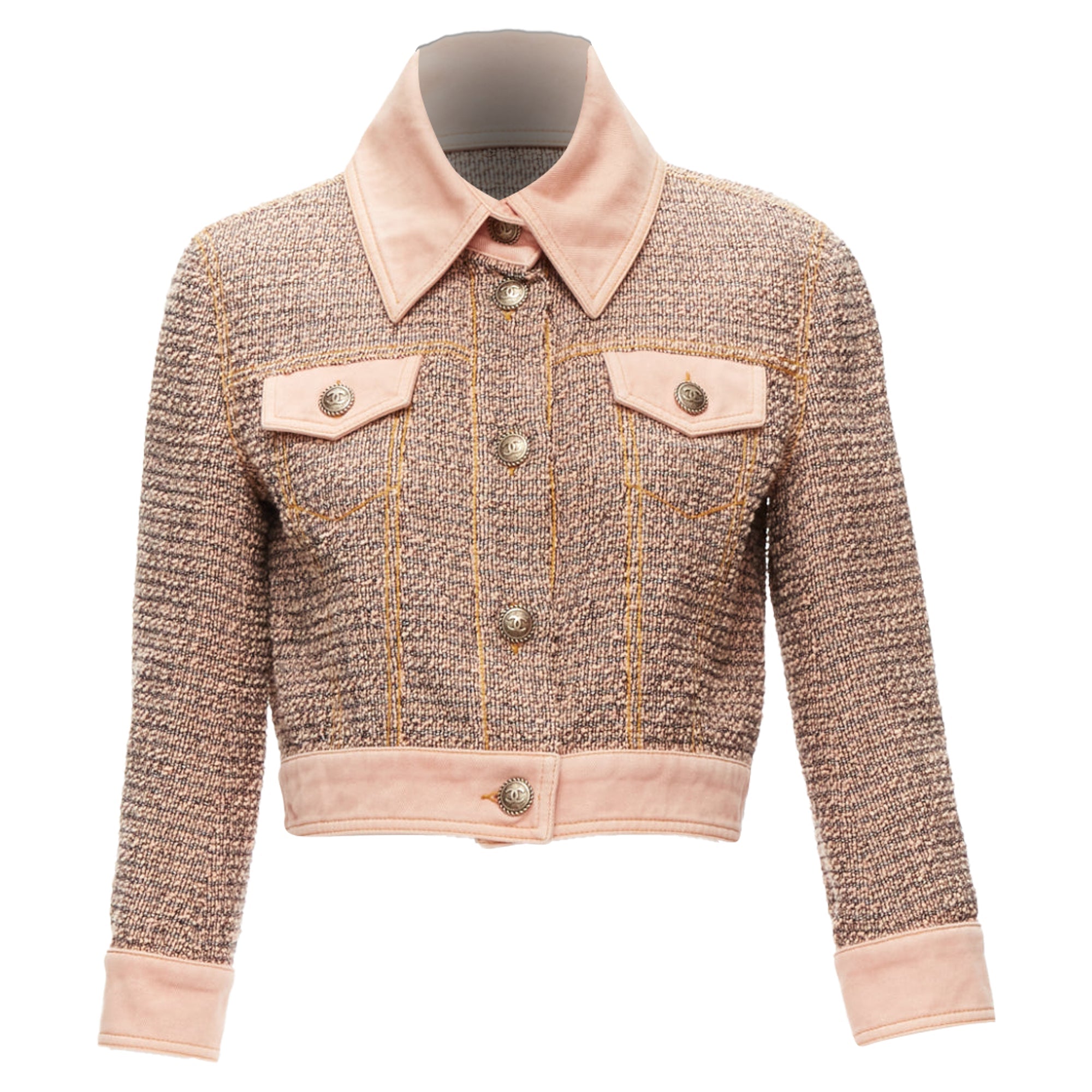 Women's Chanel denim trim tweed button cropped jacket