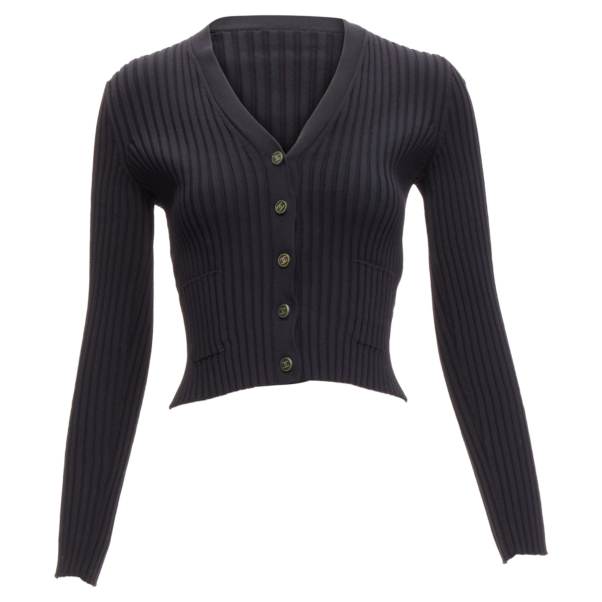 Women's Chanel CC logo button ribbed cropped cardigan