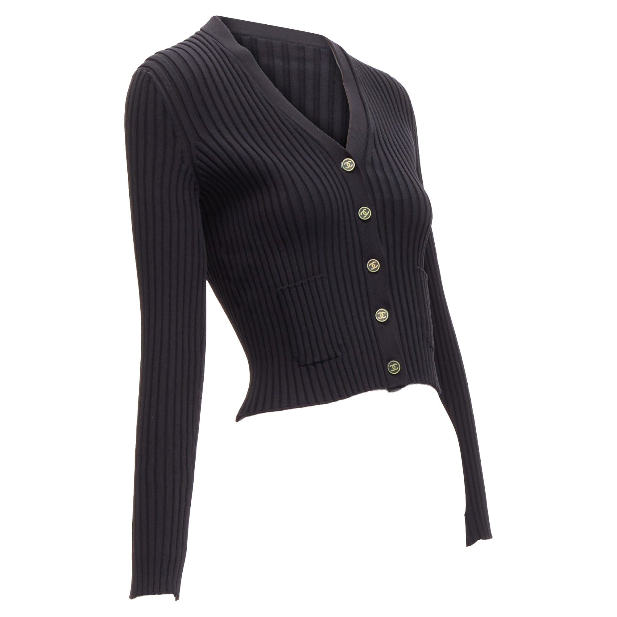 Women's Chanel CC logo button ribbed cropped cardigan