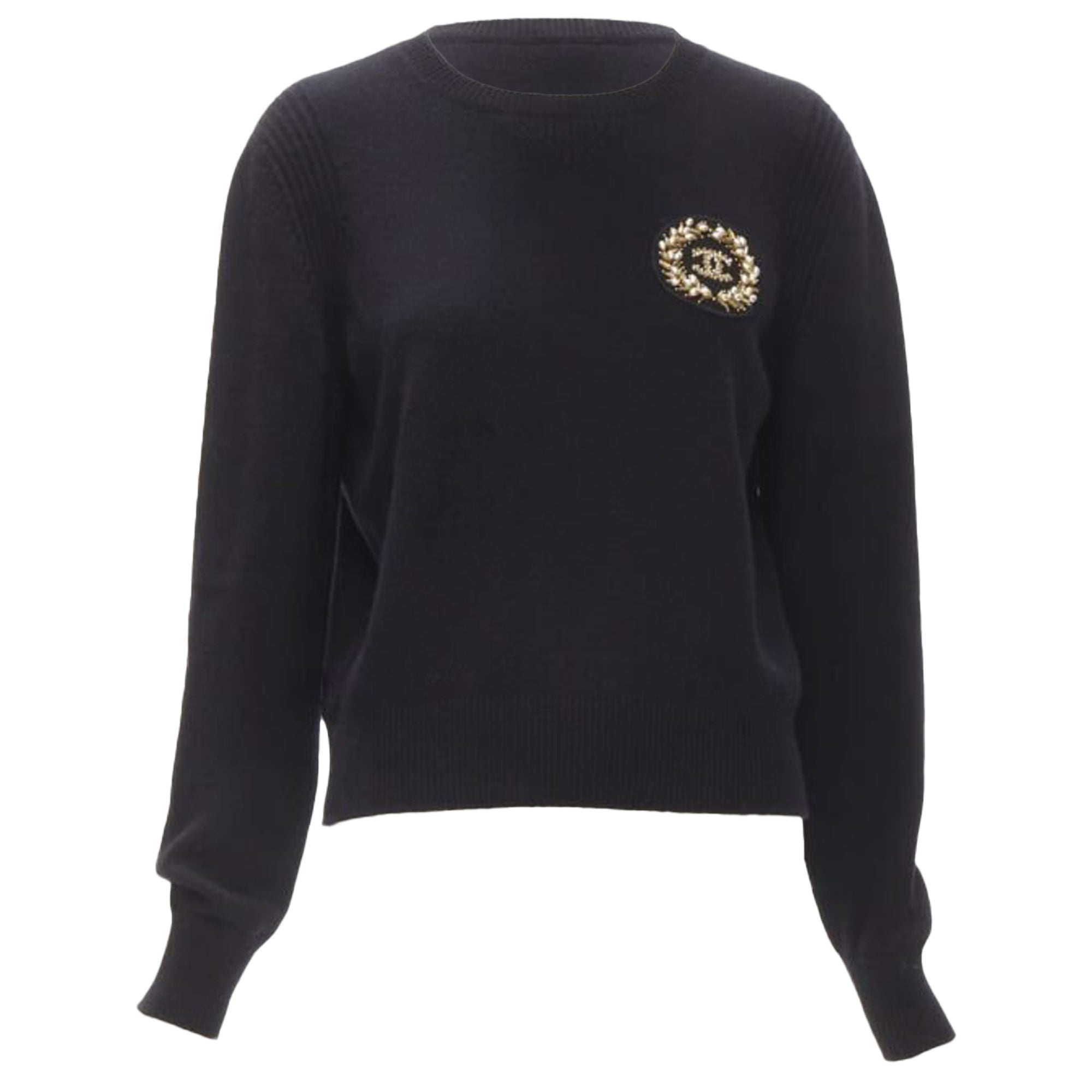Women's Chanel cashmere blend bead pearl CC embellished badge sweater