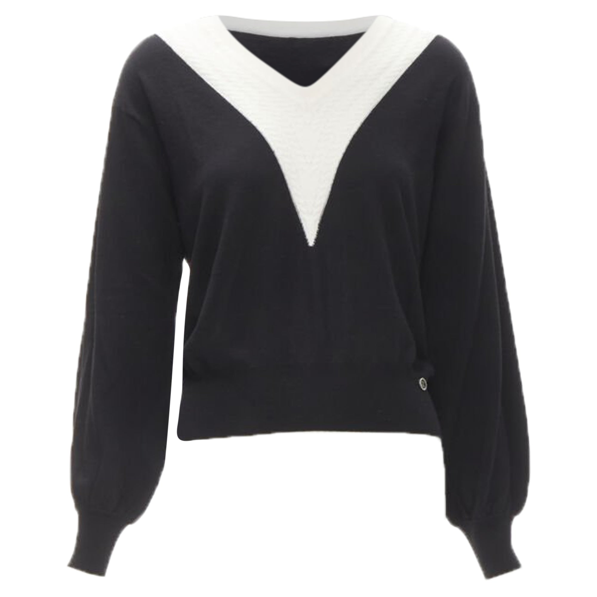 Women's Chanel wool cable knit varsity collar CC charm sweater
