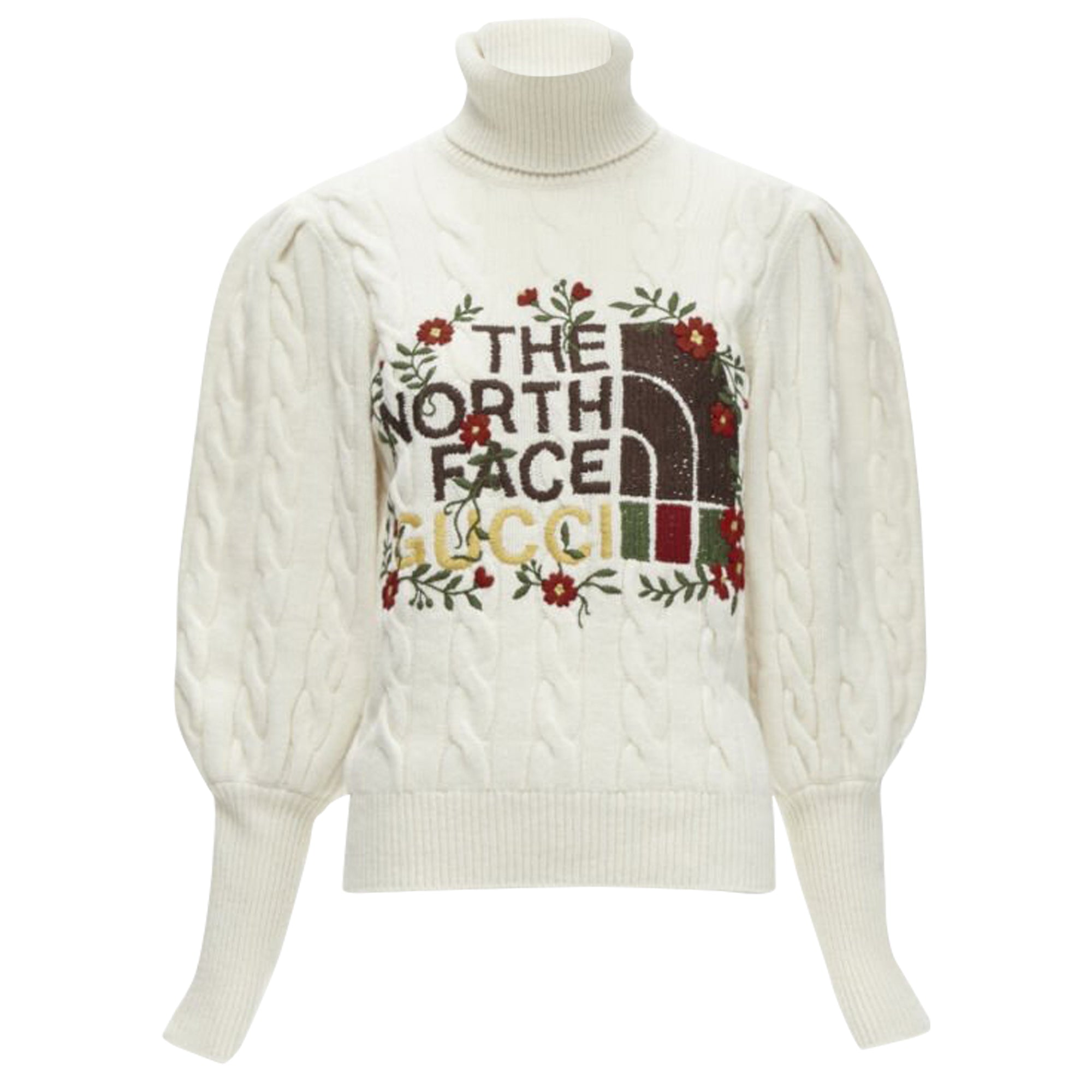 Women's Gucci The North Face wool floral logo embroidery cable knit turtleneck
