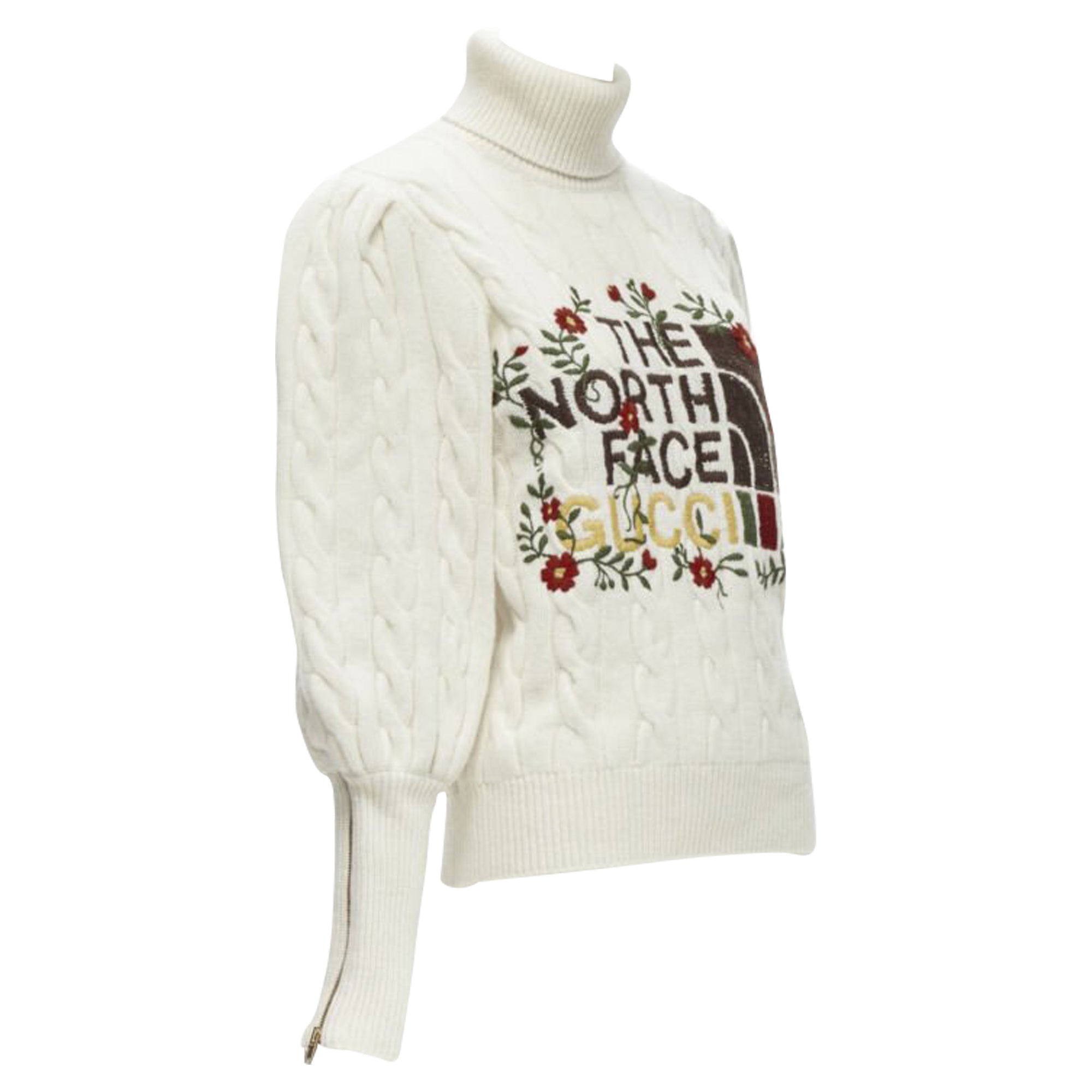 Women's Gucci The North Face wool floral logo embroidery cable knit turtleneck