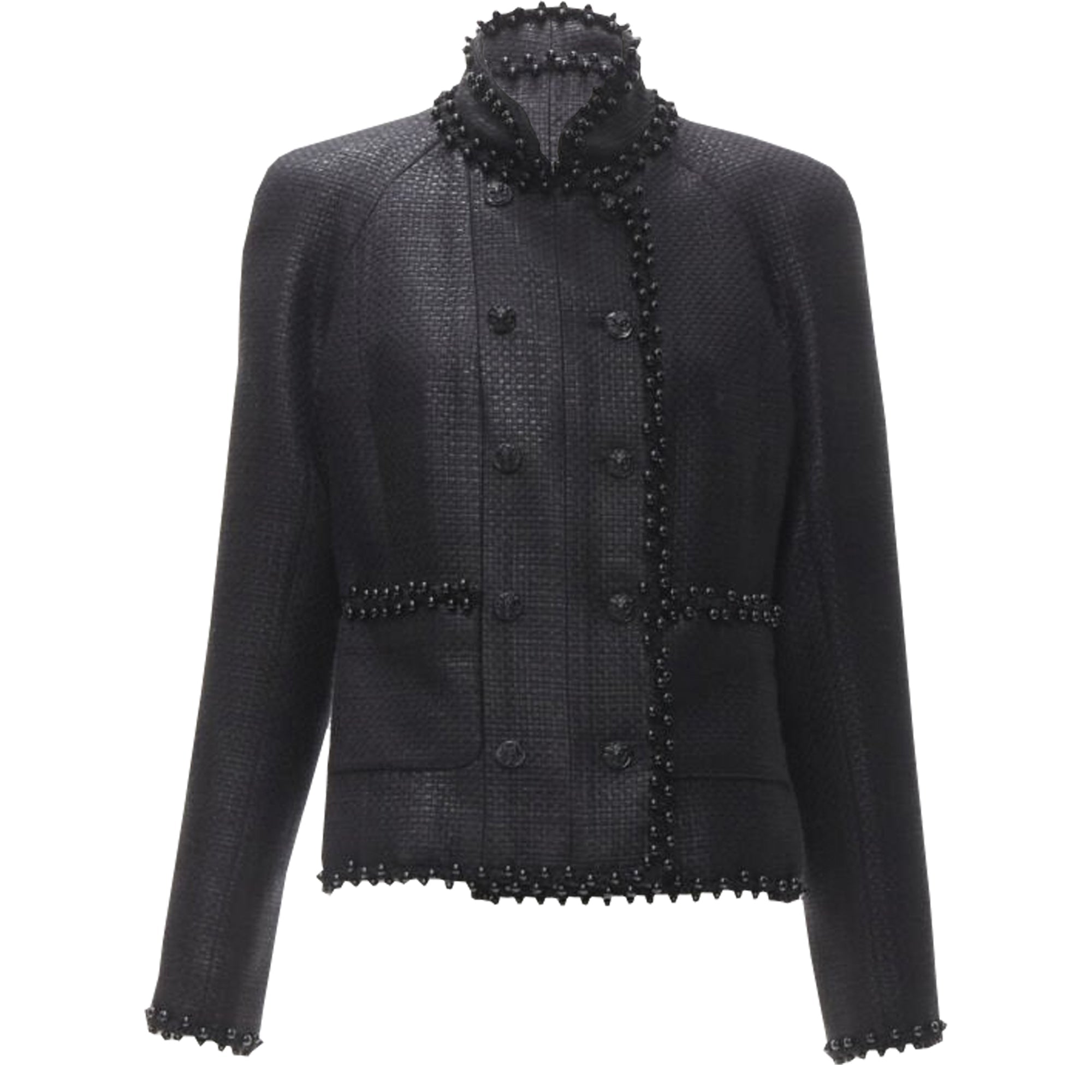 Women's Chanel lattice lacquer tweed bead embellished Lion button jacket