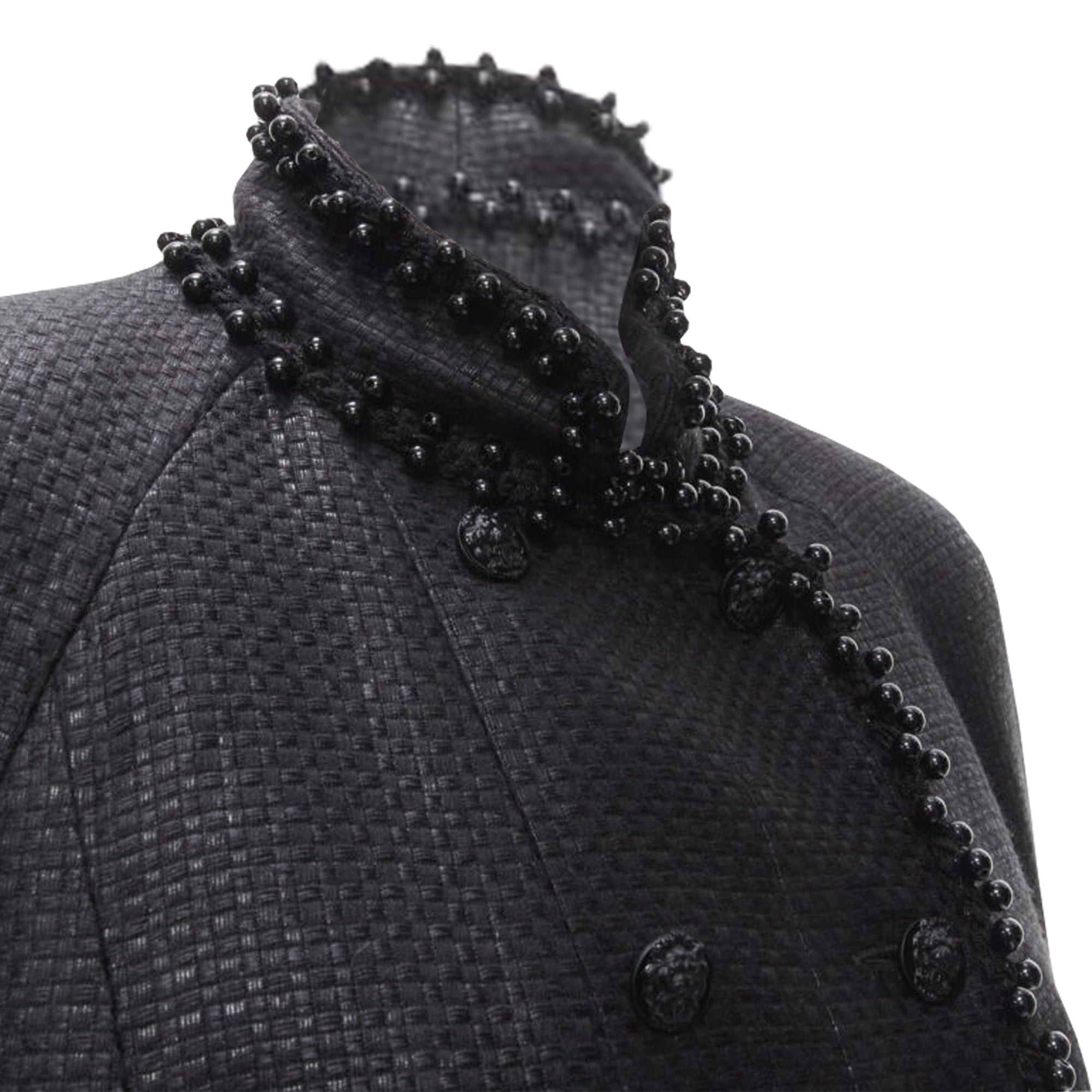 Women's Chanel lattice lacquer tweed bead embellished Lion button jacket