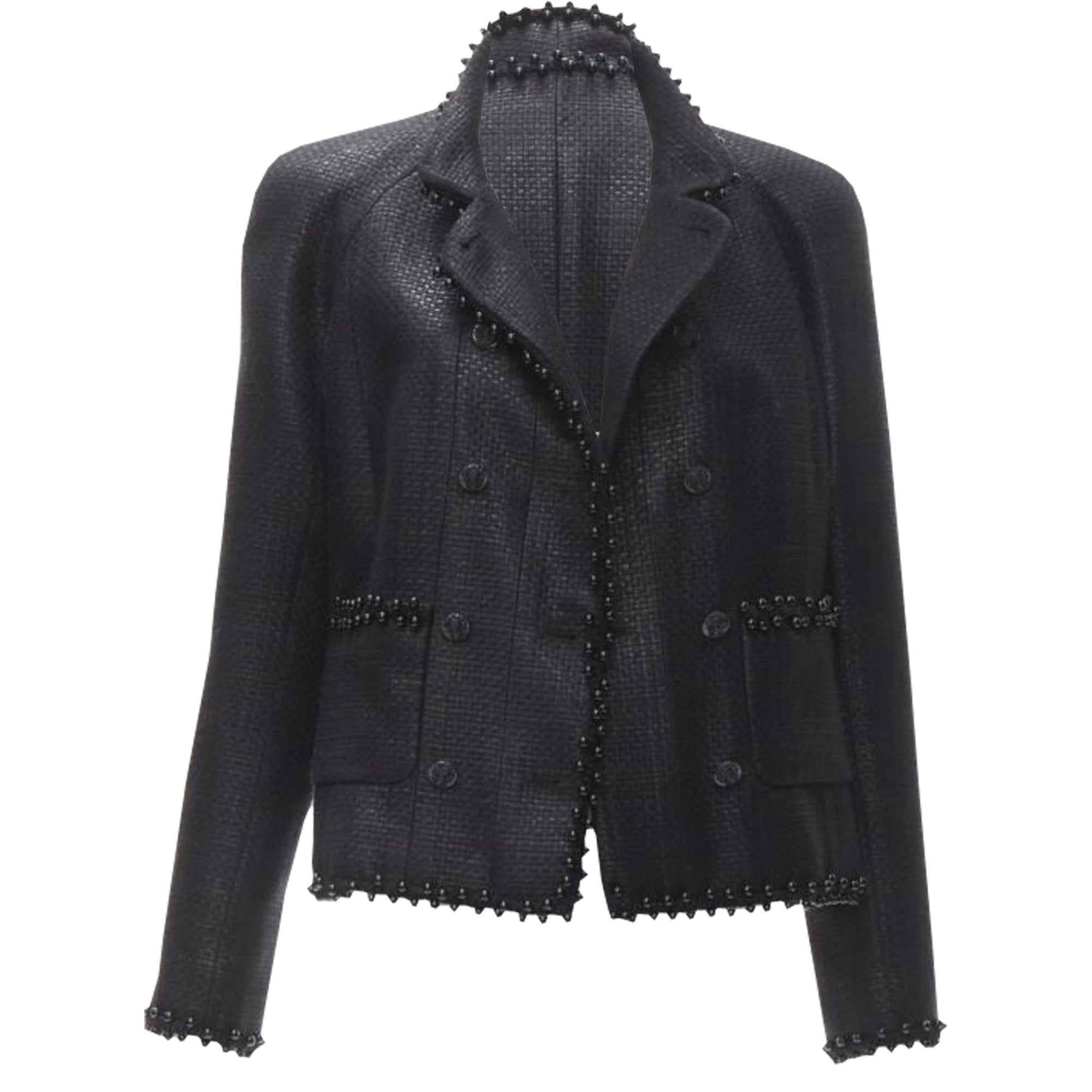 Women's Chanel lattice lacquer tweed bead embellished Lion button jacket