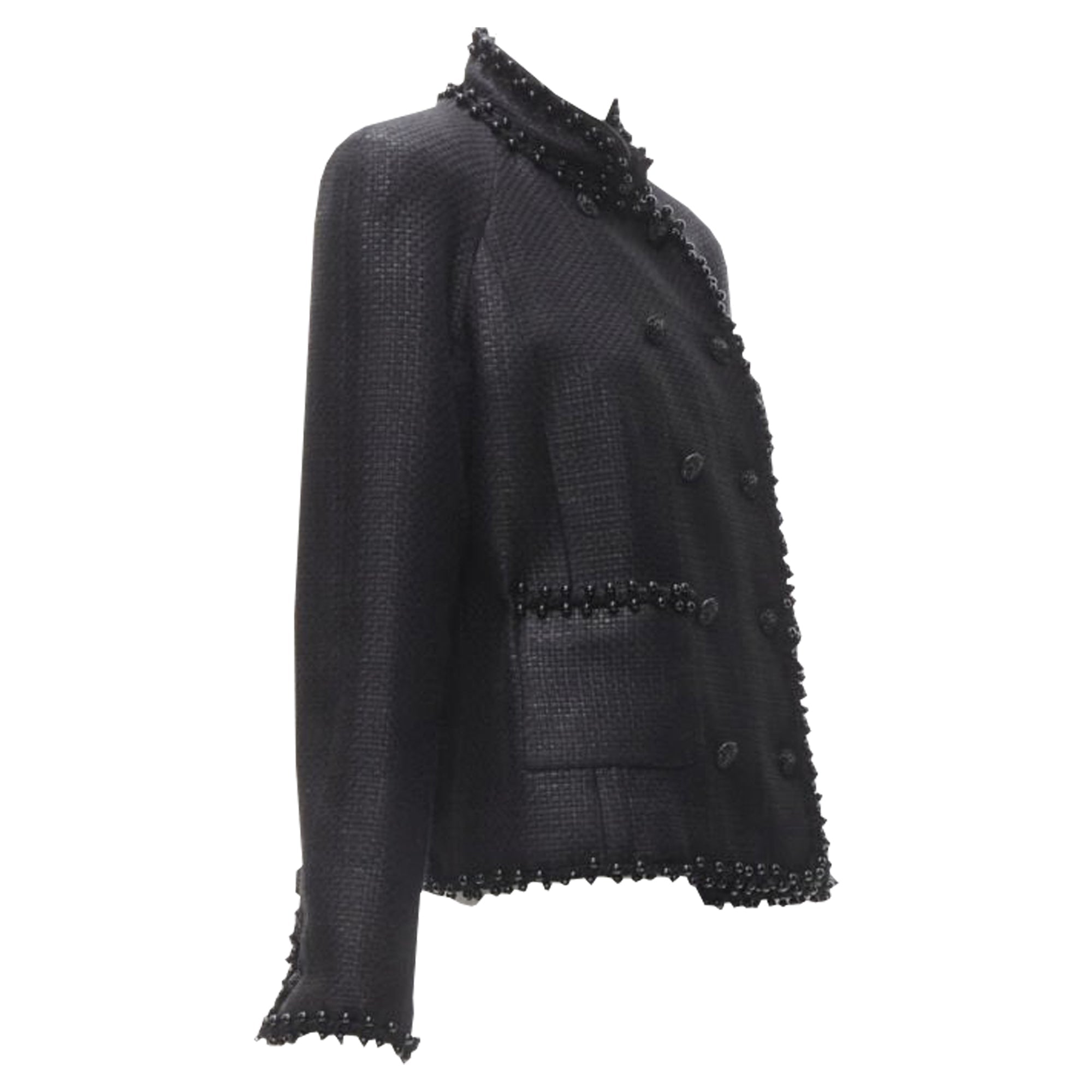 Women's Chanel lattice lacquer tweed bead embellished Lion button jacket