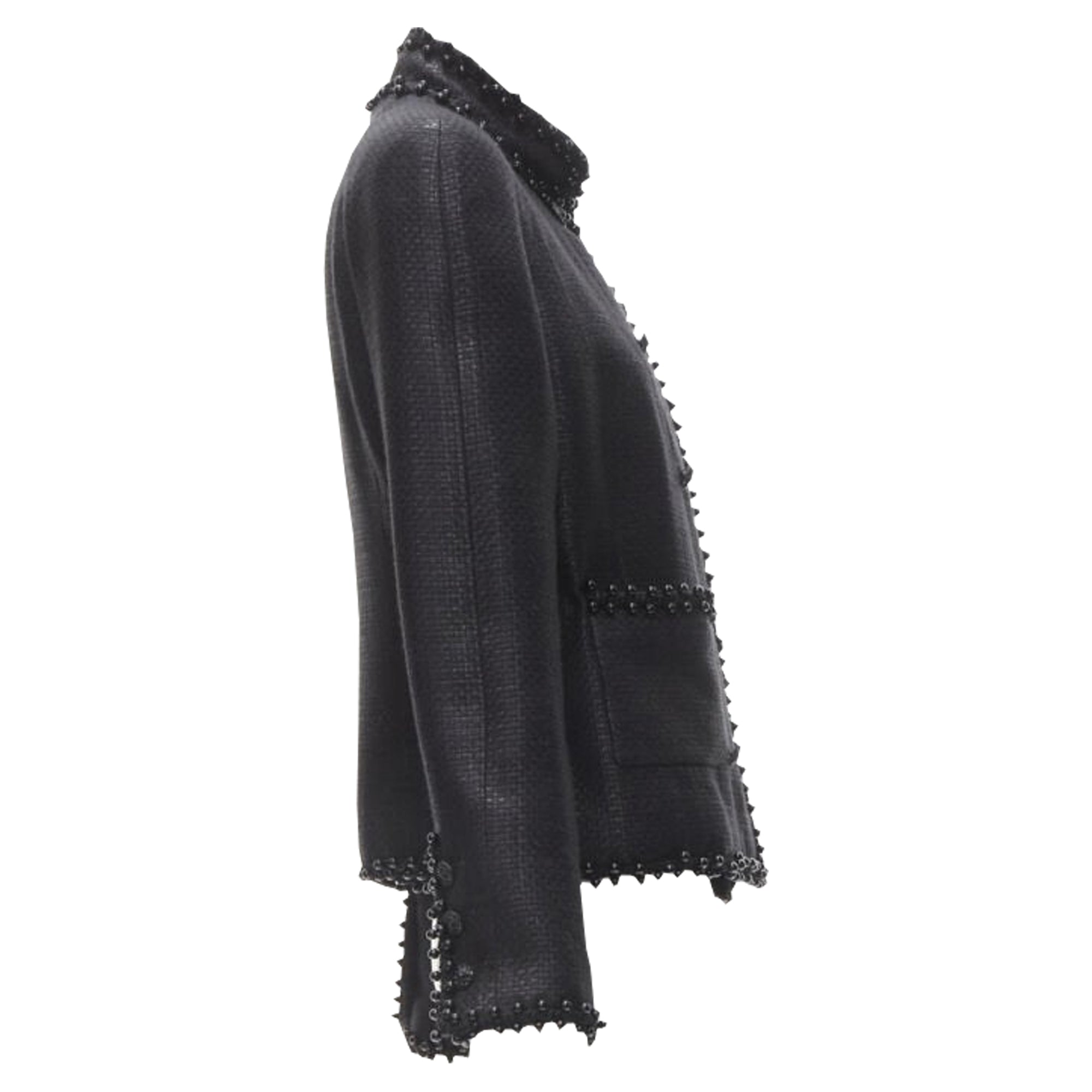 Women's Chanel lattice lacquer tweed bead embellished Lion button jacket