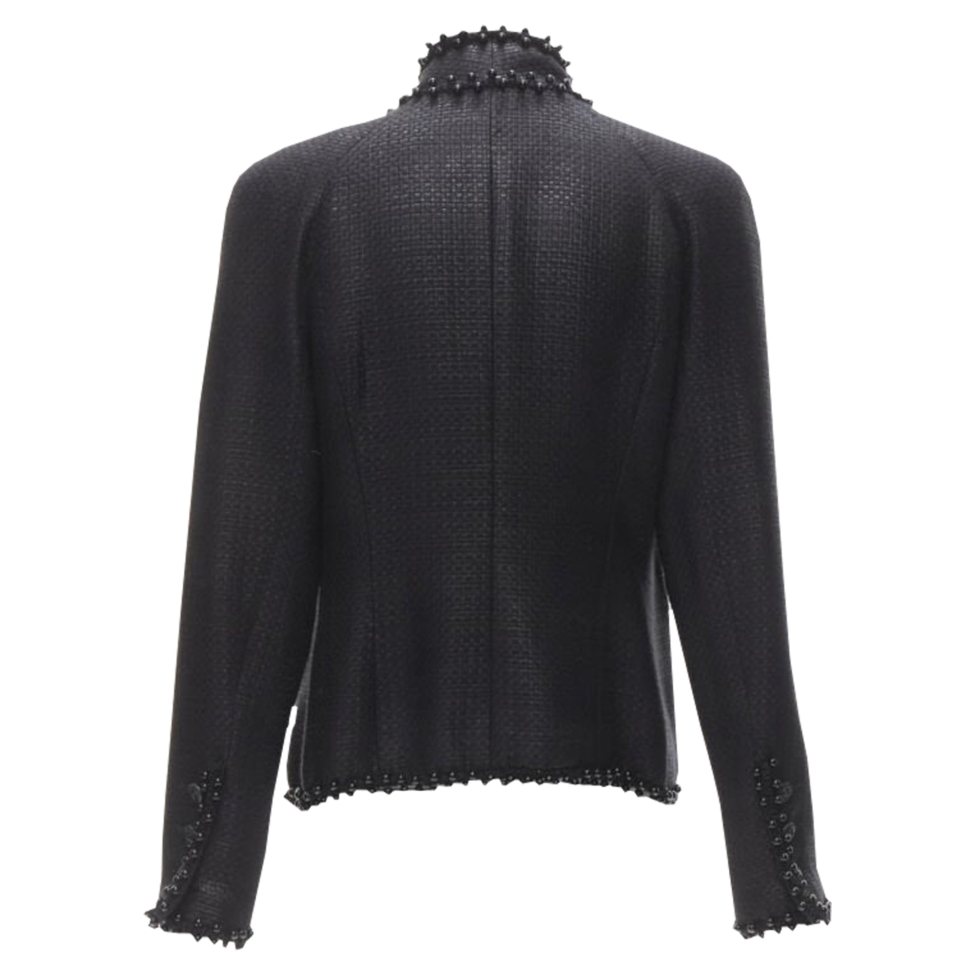 Women's Chanel lattice lacquer tweed bead embellished Lion button jacket
