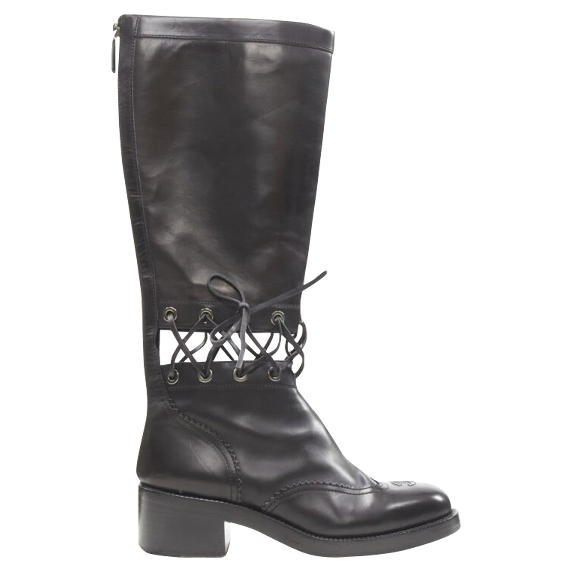Women's Chanel calfskin cross stitch cut out CC toe cap block heel boot