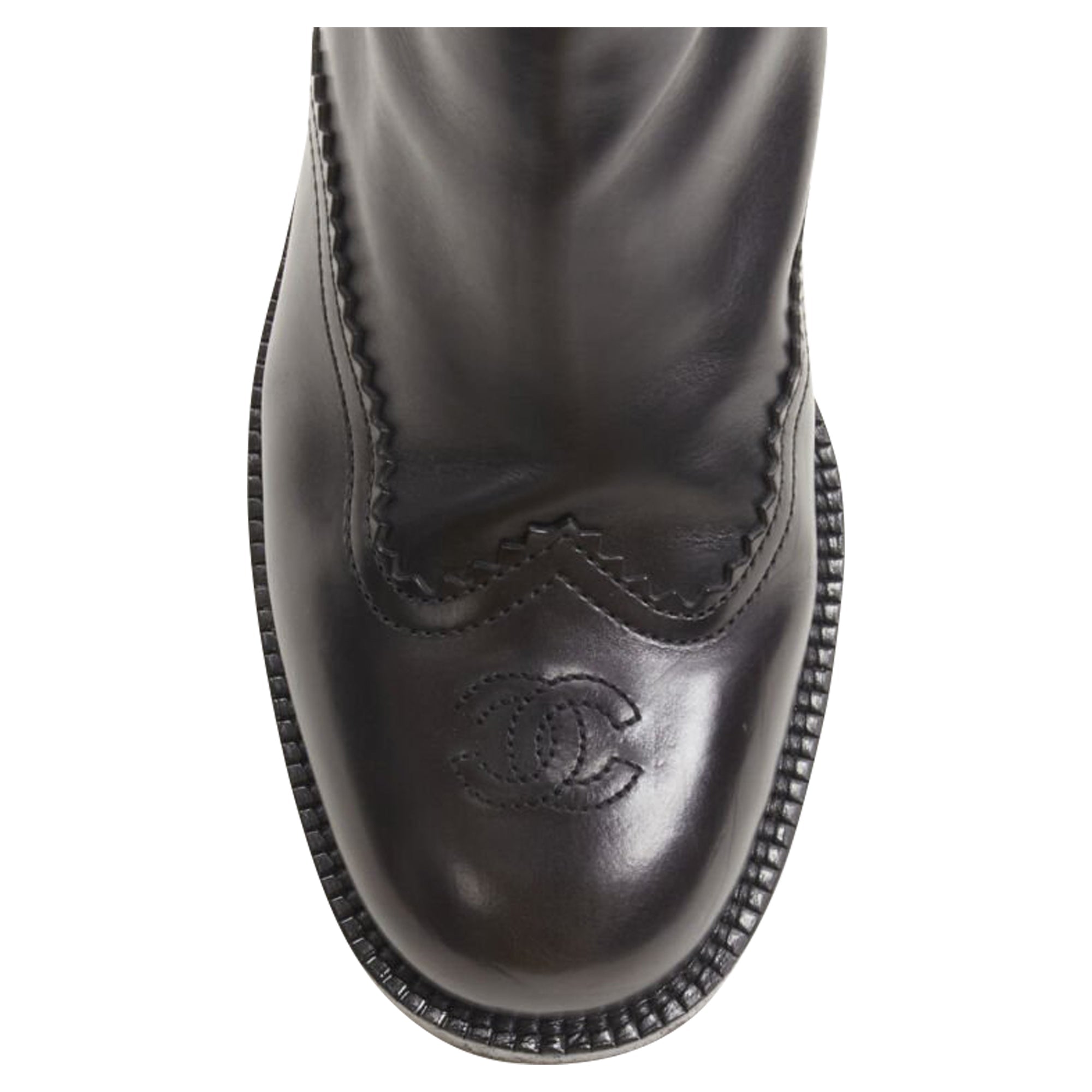 Women's Chanel calfskin cross stitch cut out CC toe cap block heel boot