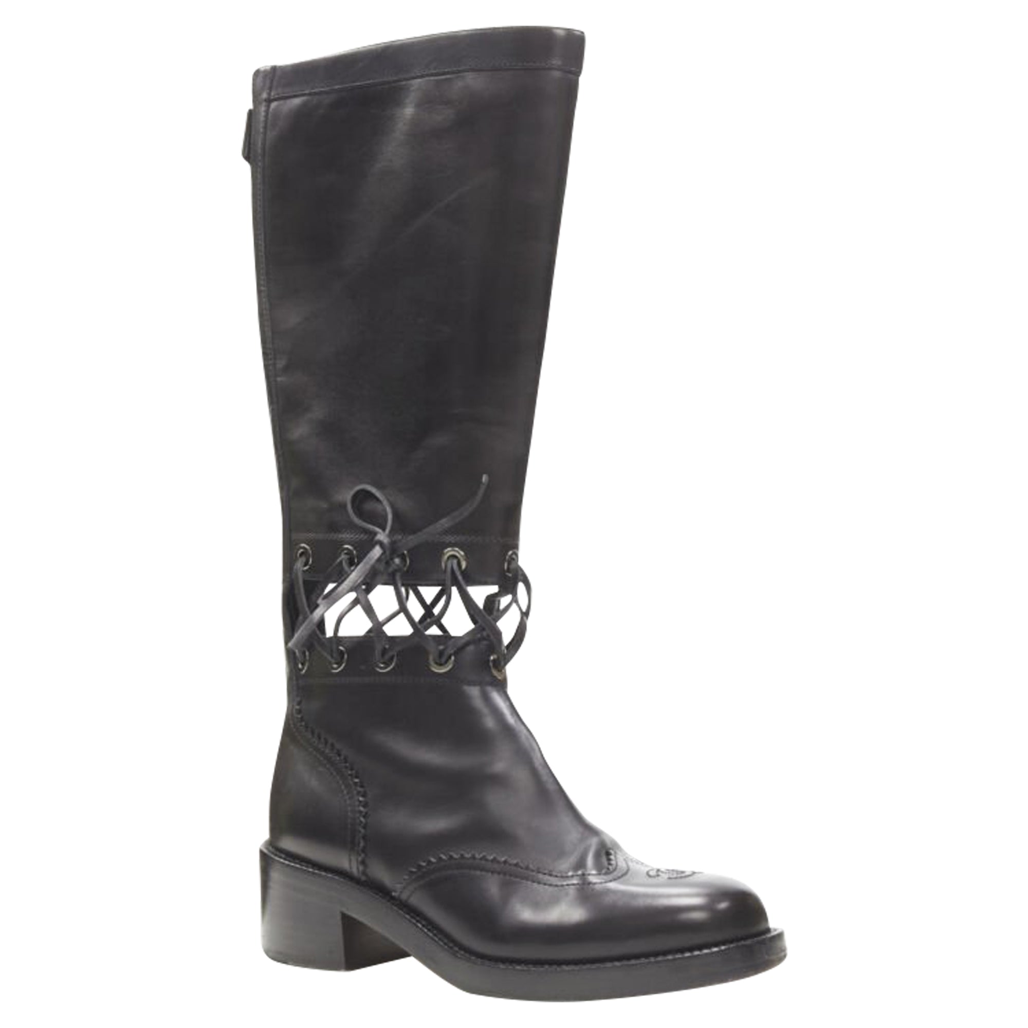 Women's Chanel calfskin cross stitch cut out CC toe cap block heel boot
