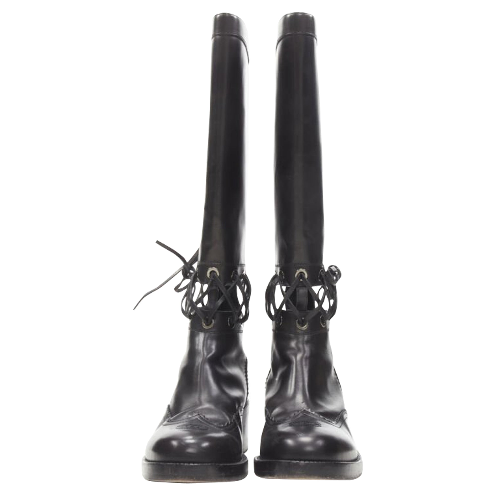 Women's Chanel calfskin cross stitch cut out CC toe cap block heel boot
