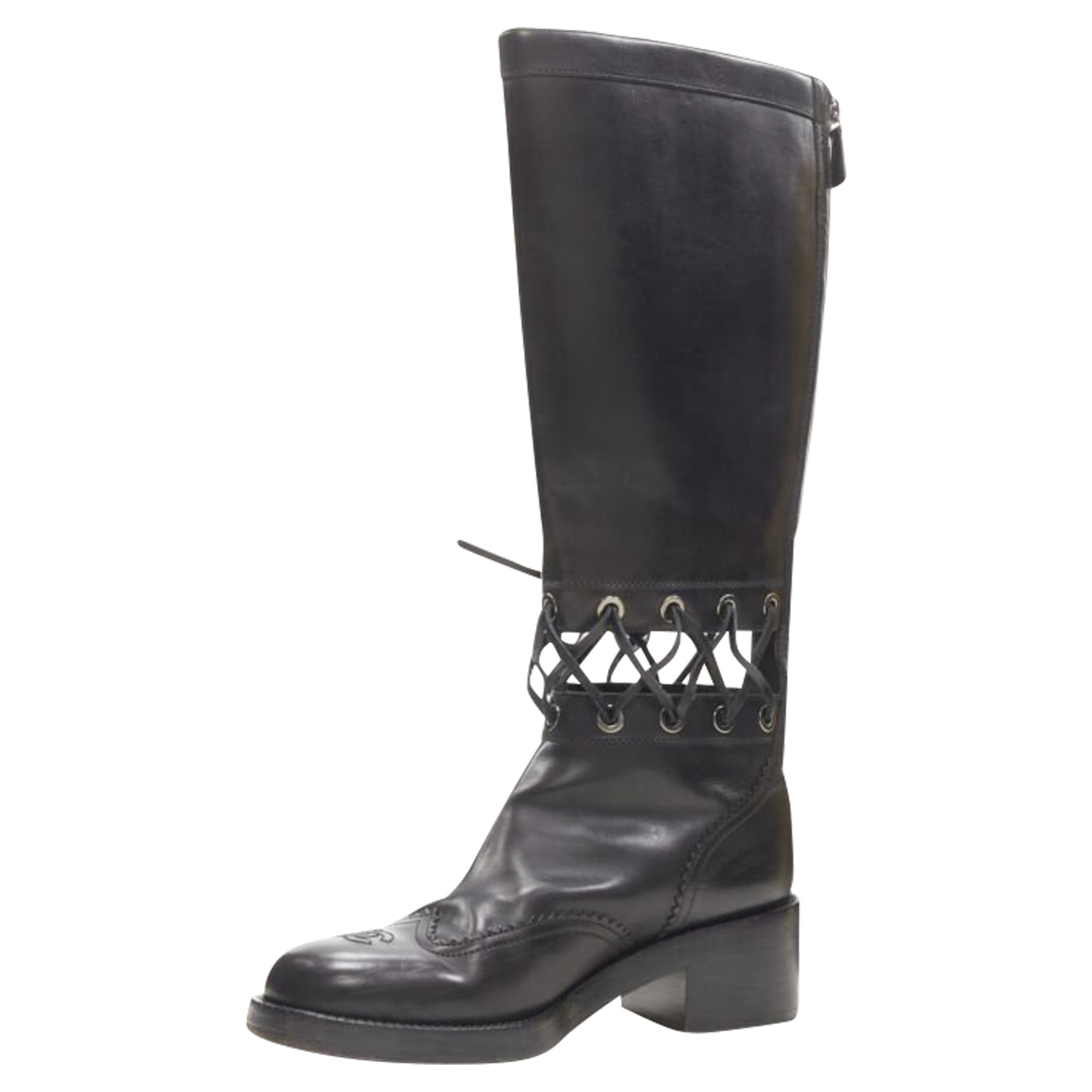 Women's Chanel calfskin cross stitch cut out CC toe cap block heel boot